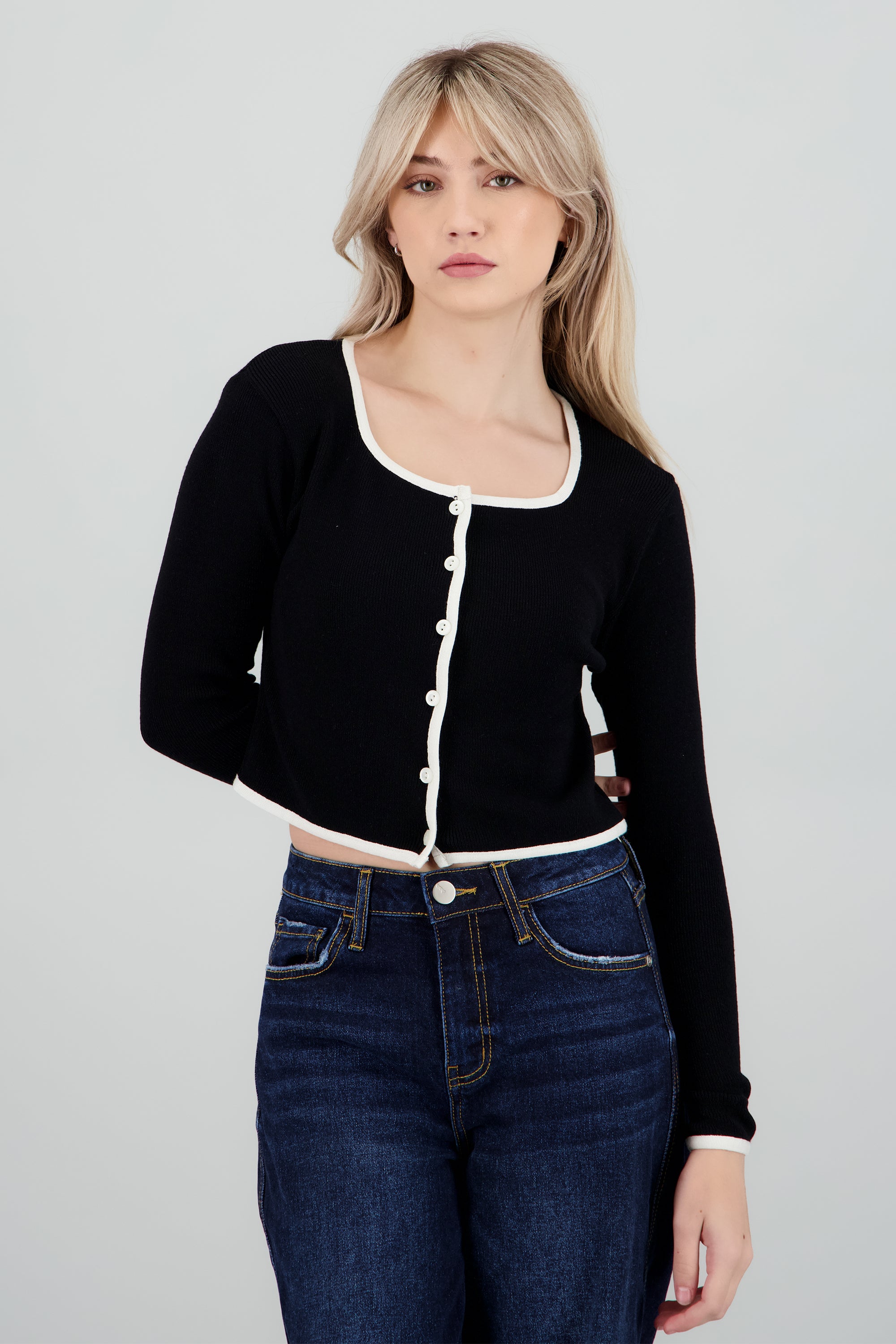 Cardigan escote cuadrado contraste NEGRO