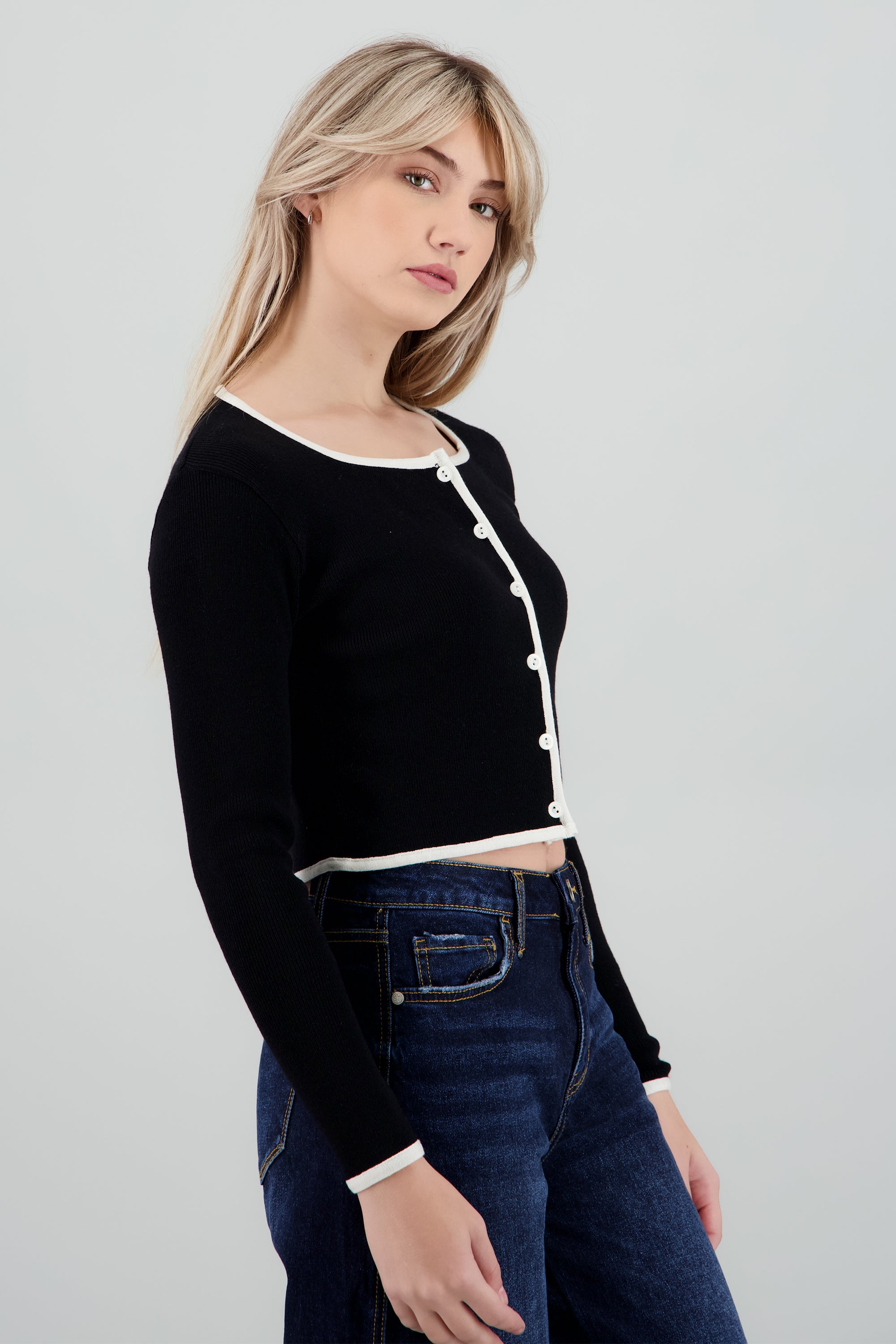 Cardigan escote cuadrado contraste NEGRO