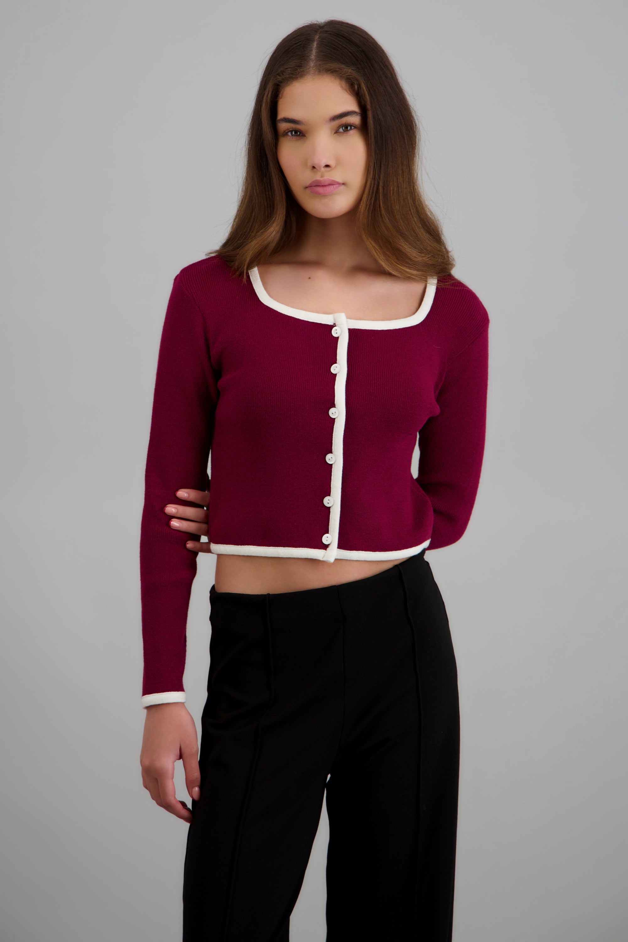 Cardigan escote cuadrado contraste VINO