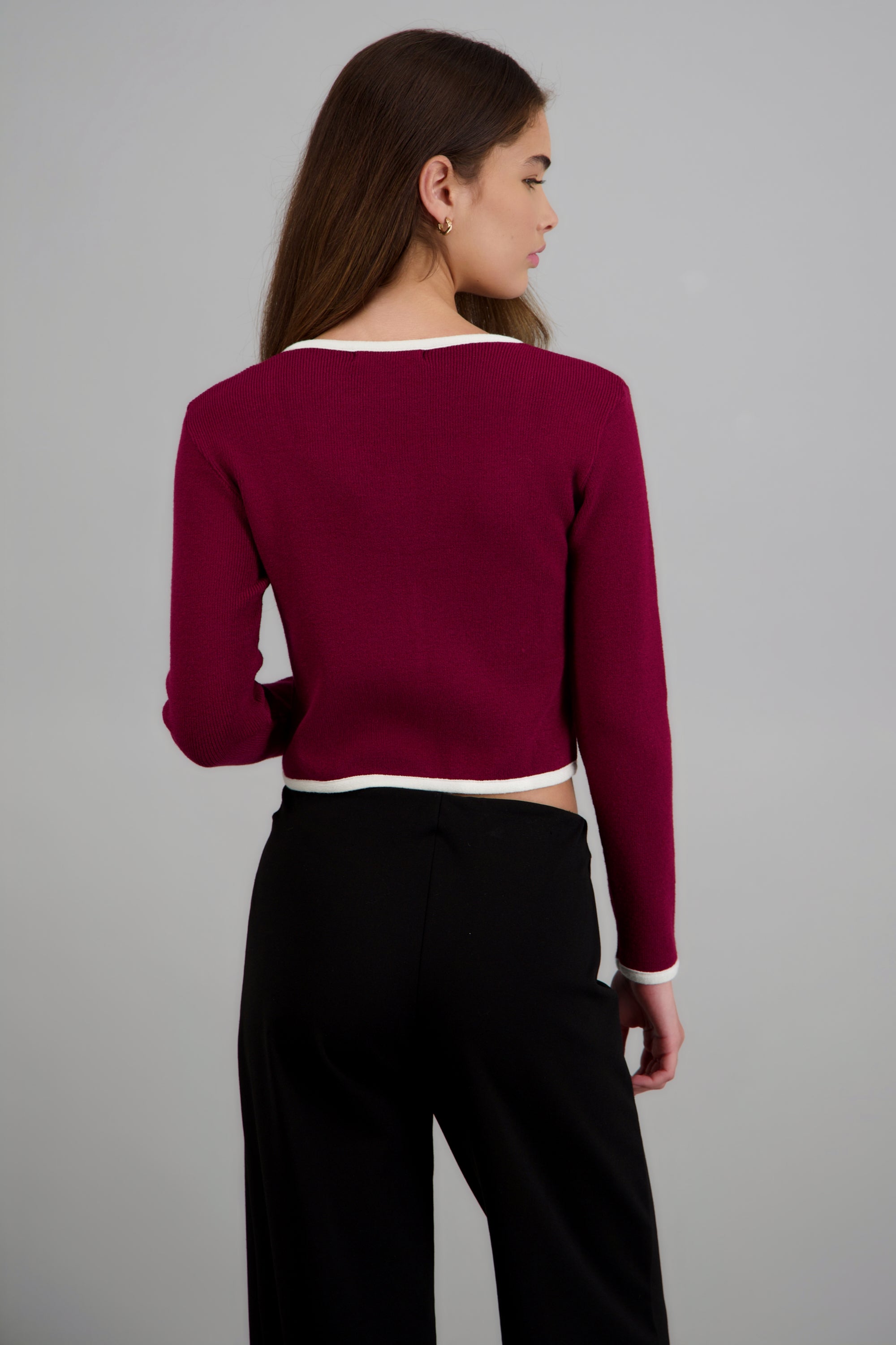 Cardigan escote cuadrado contraste VINO