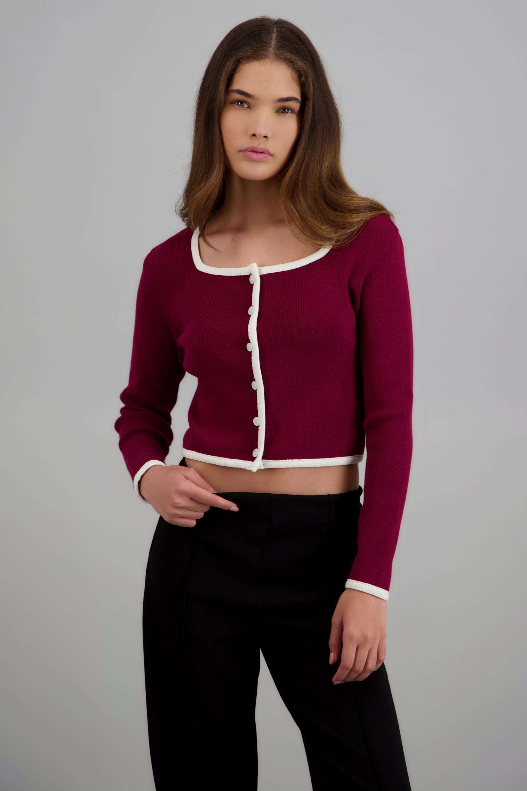Cardigan escote cuadrado contraste VINO
