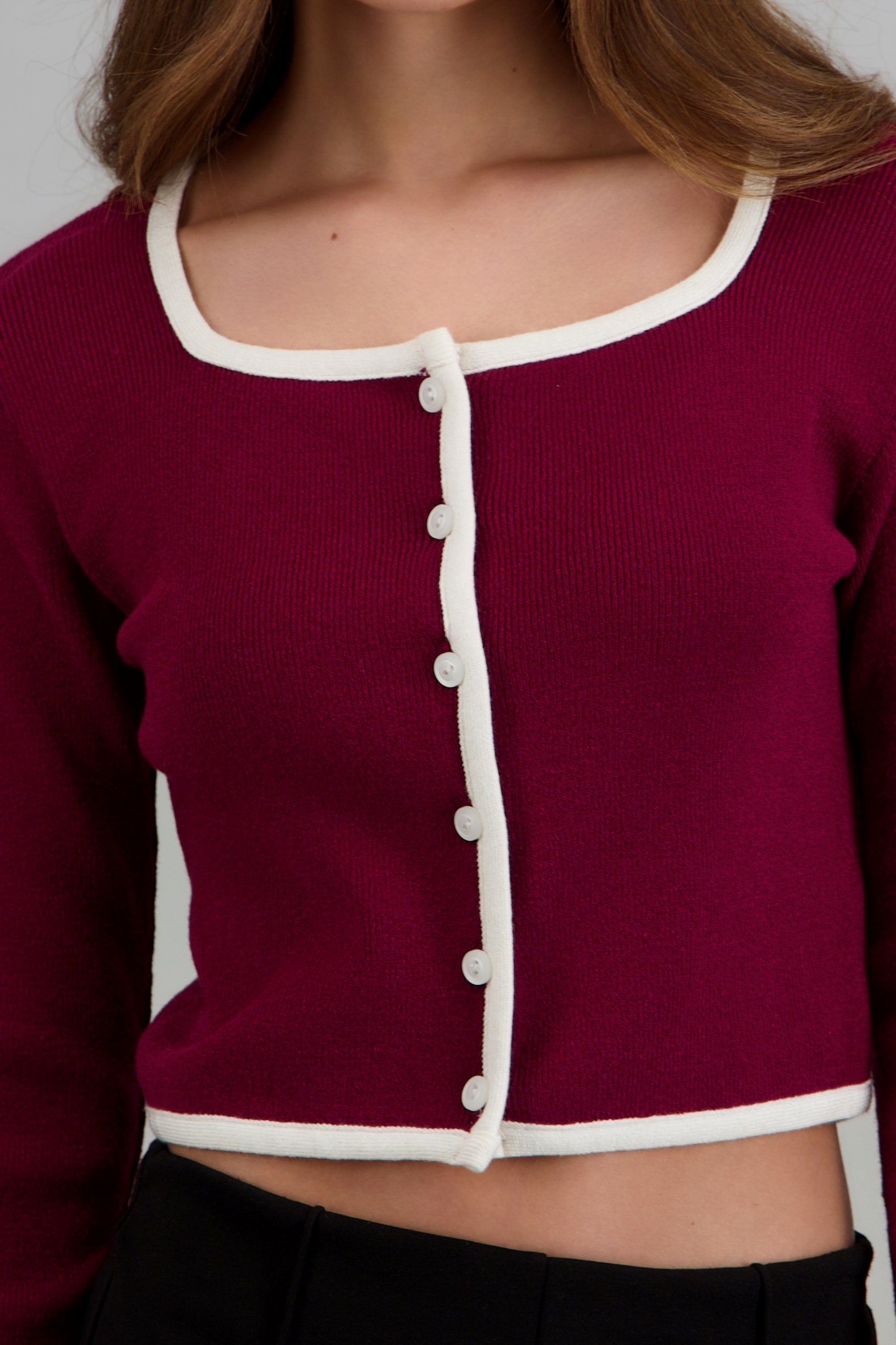 Cardigan escote cuadrado contraste VINO