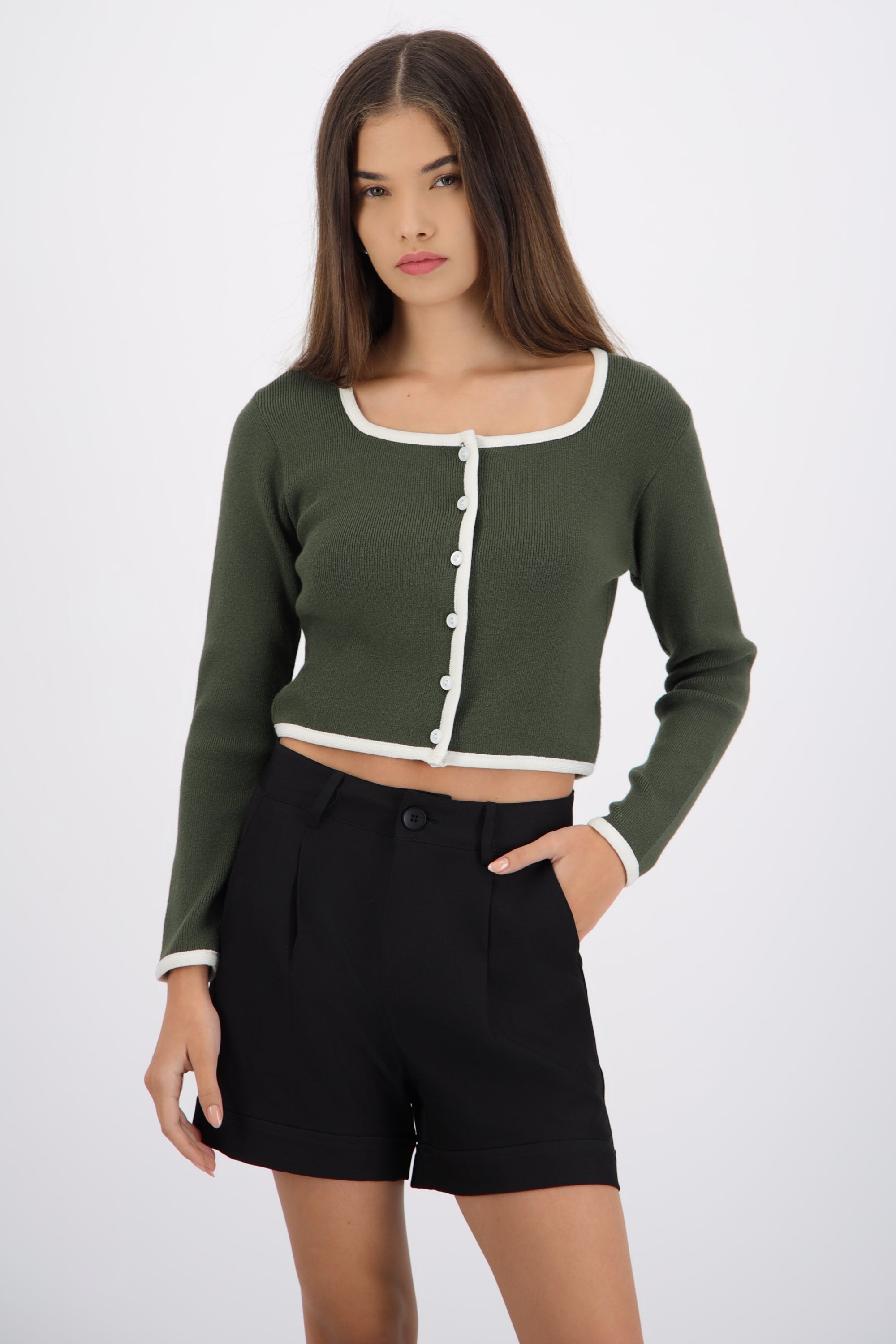Cardigan escote cuadrado contraste OLIVO