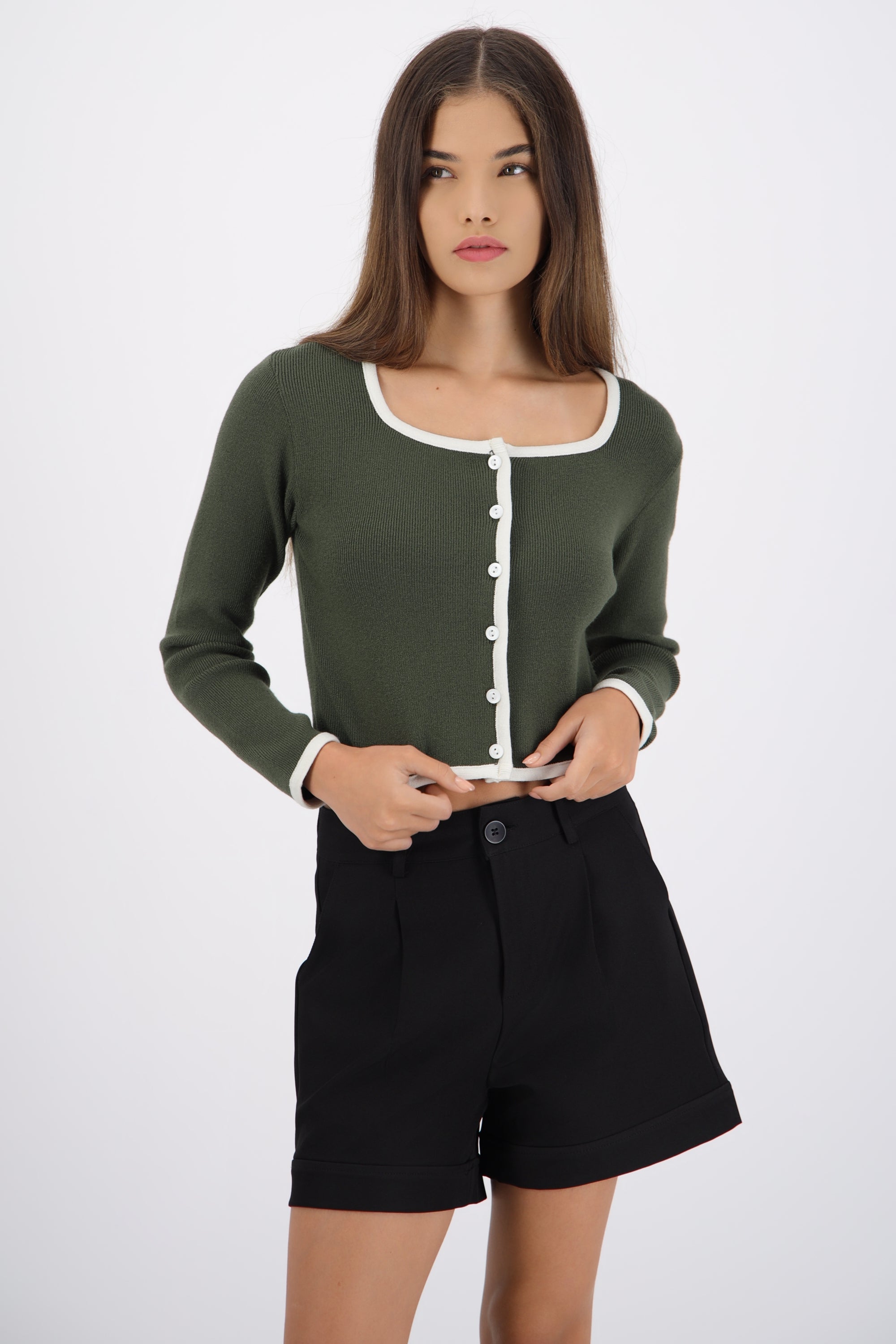 Cardigan escote cuadrado contraste