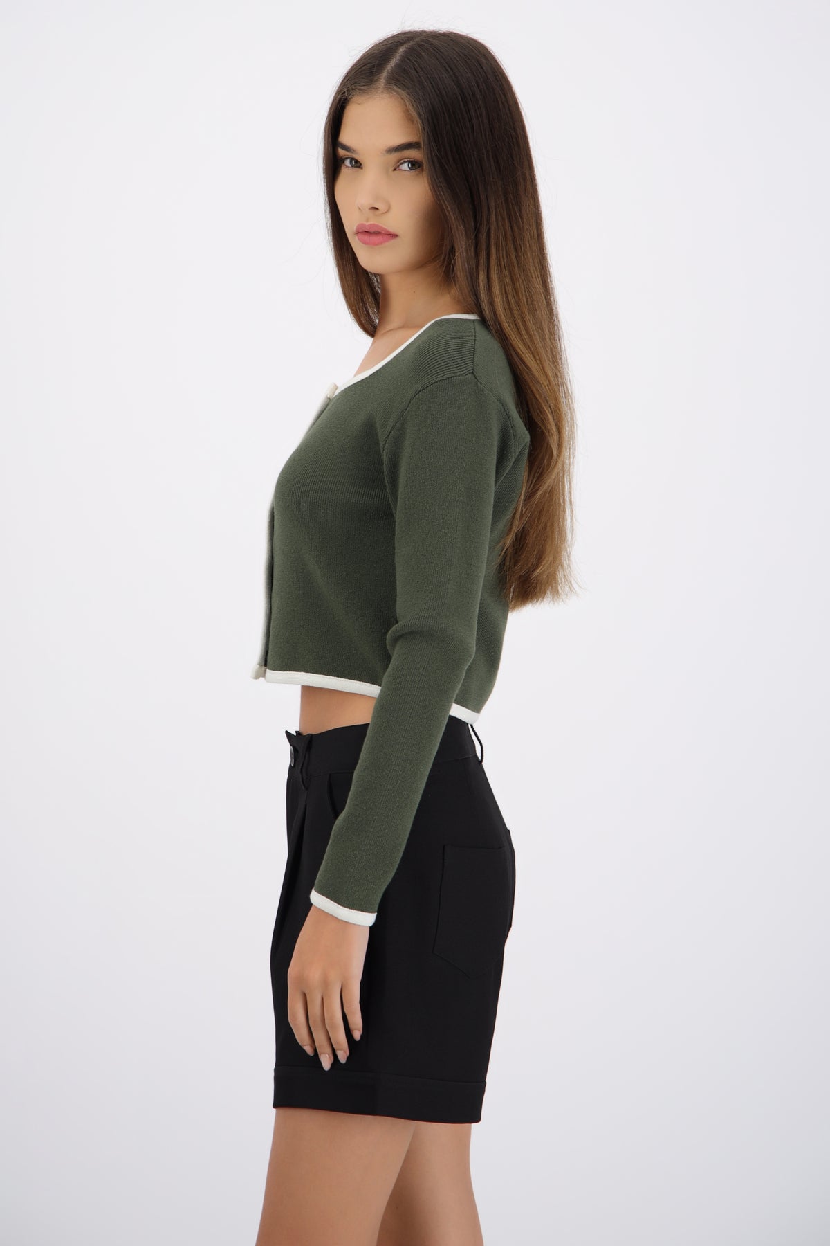 Cardigan escote cuadrado contraste OLIVO