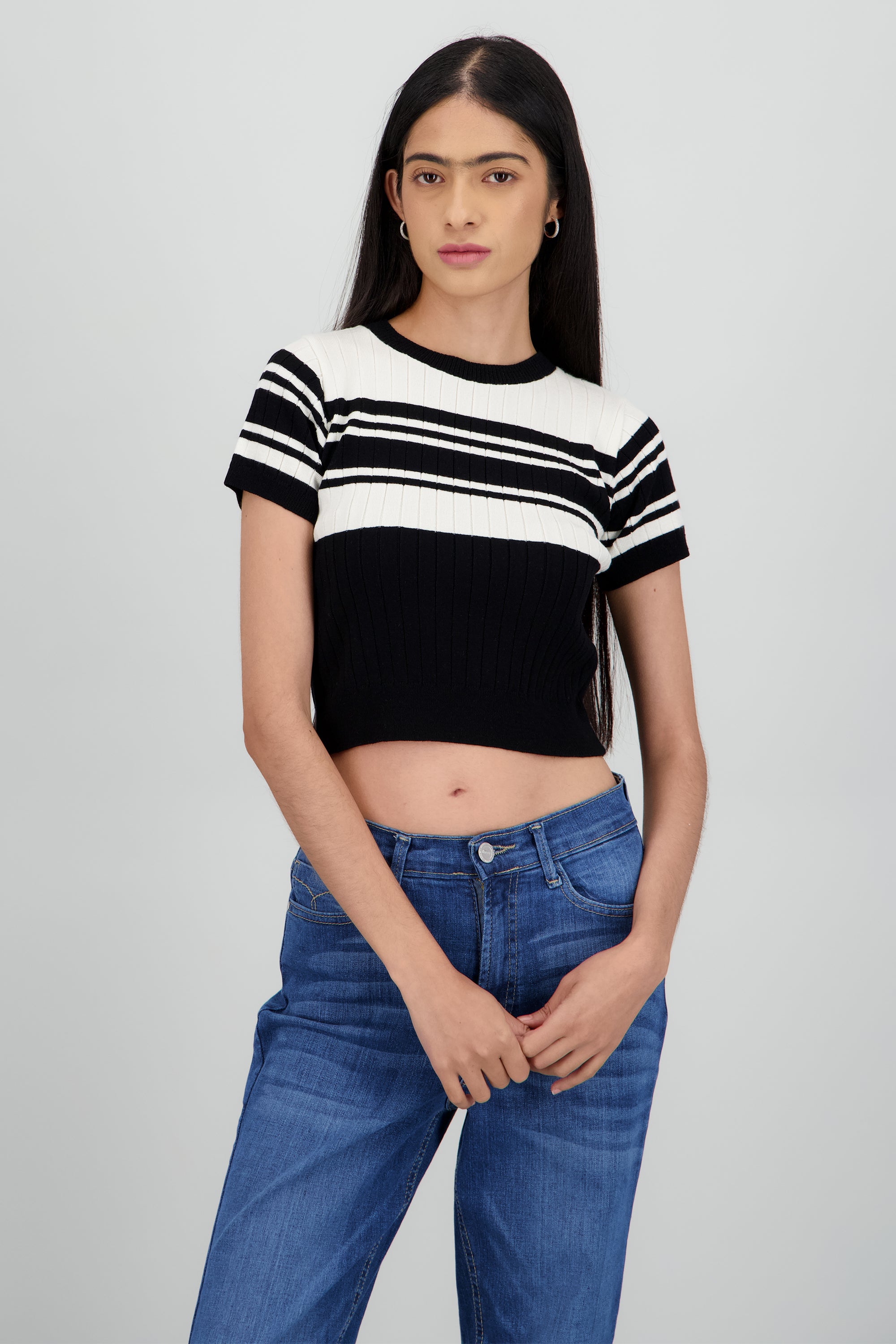 Top tejido manga corta rayas NEGRO COMBO