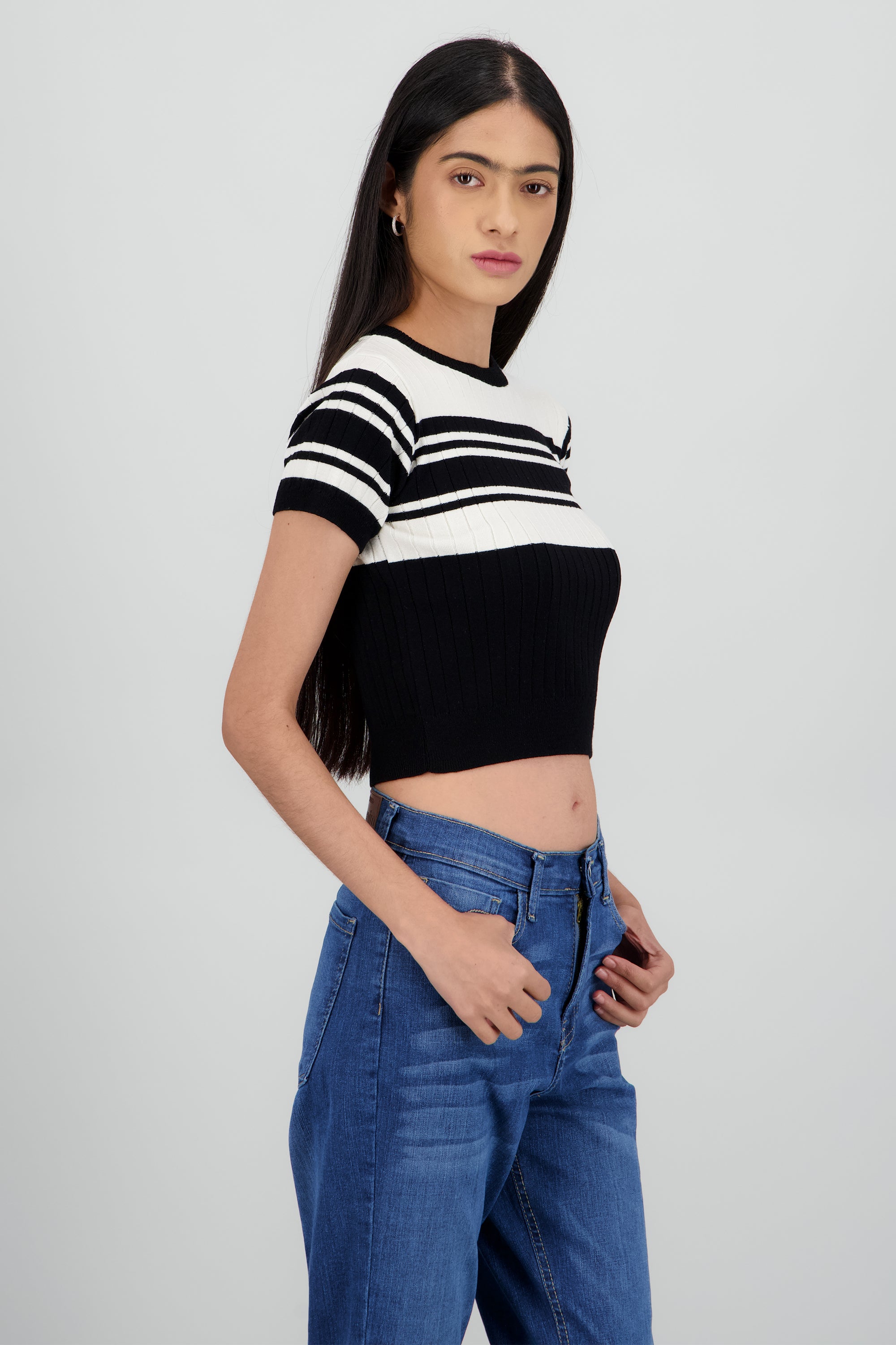 Top tejido manga corta rayas NEGRO COMBO