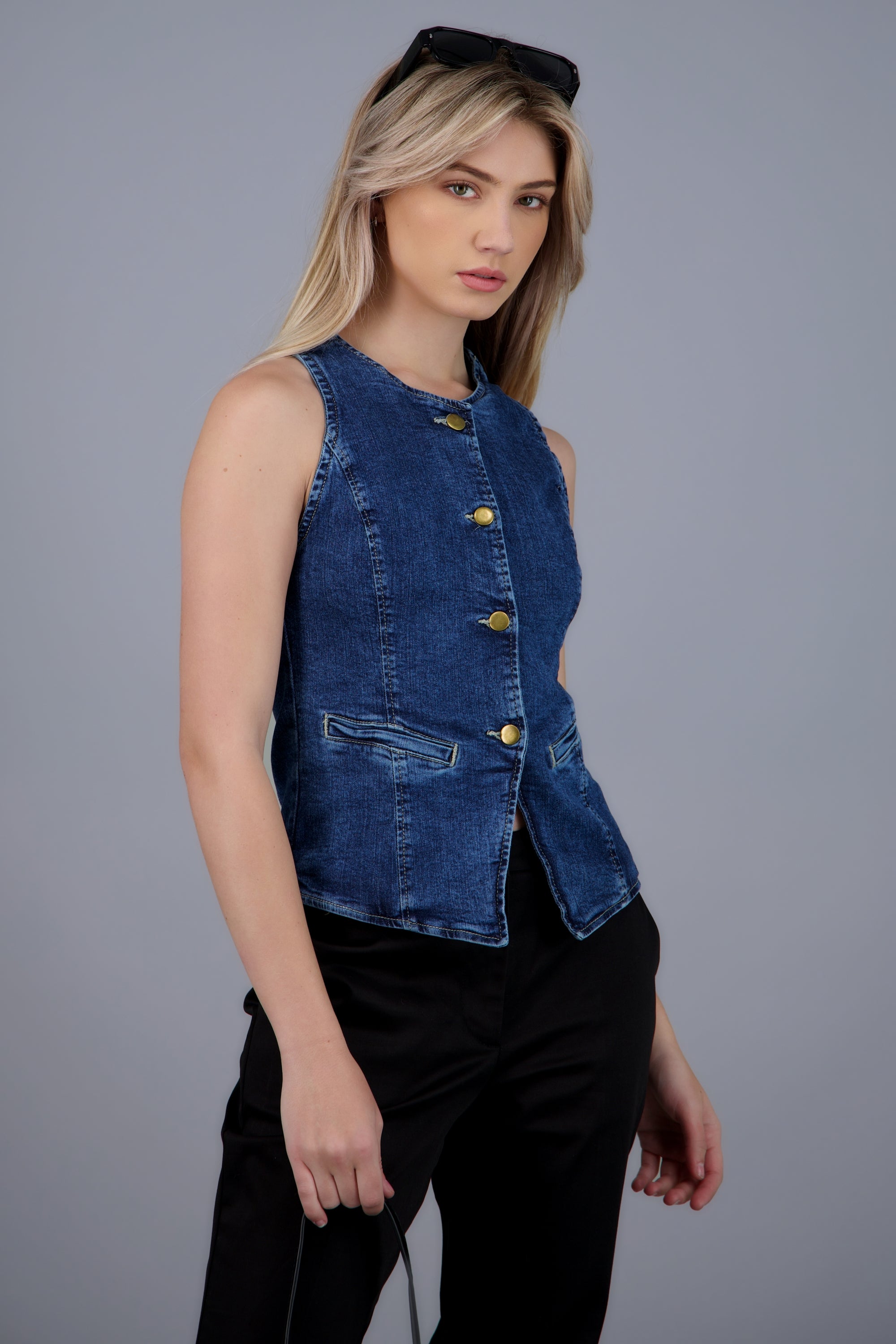 Chaleco cuello redondo largo denim Hypsters DARK WASH