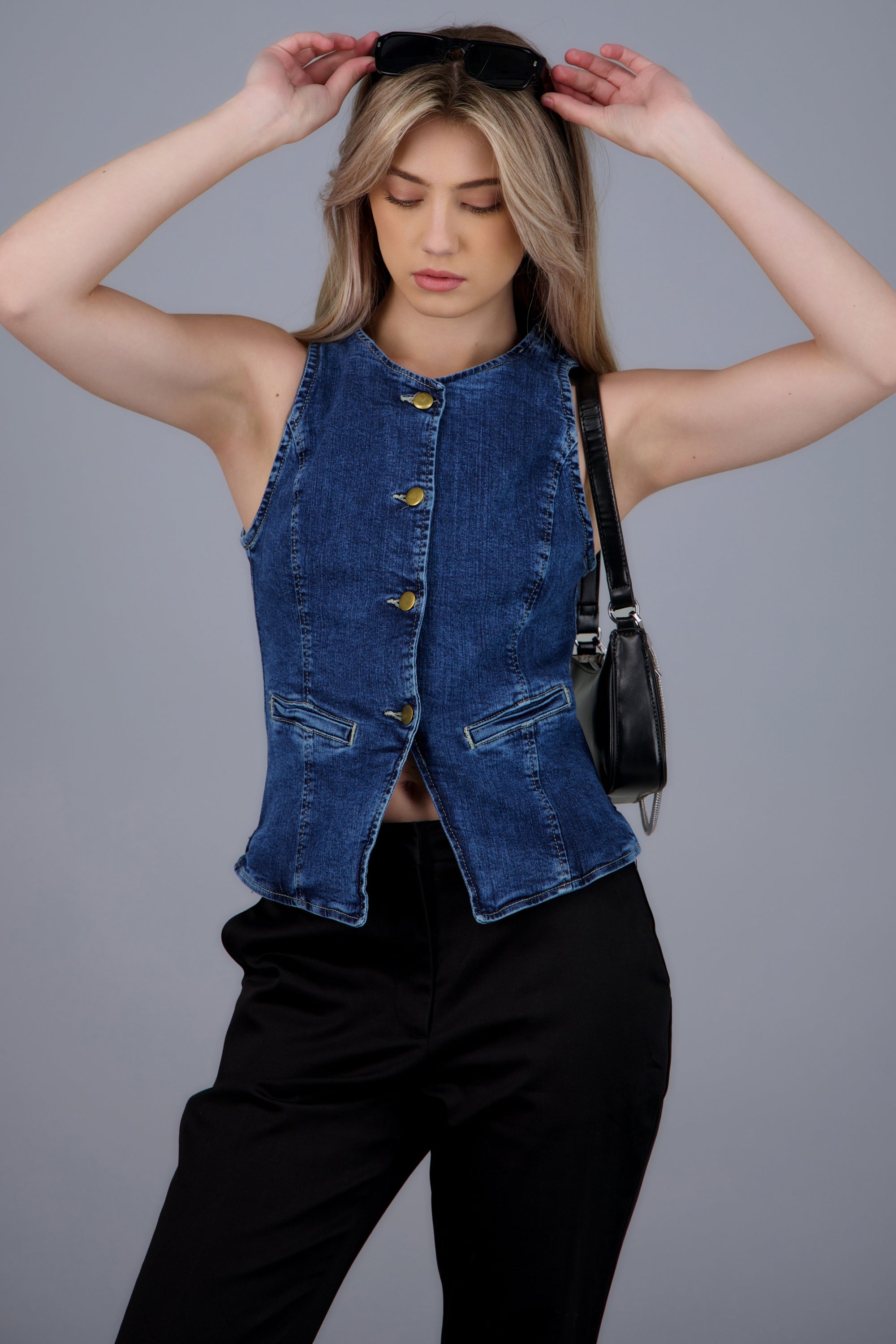 Chaleco cuello redondo largo denim Hypsters DARK WASH