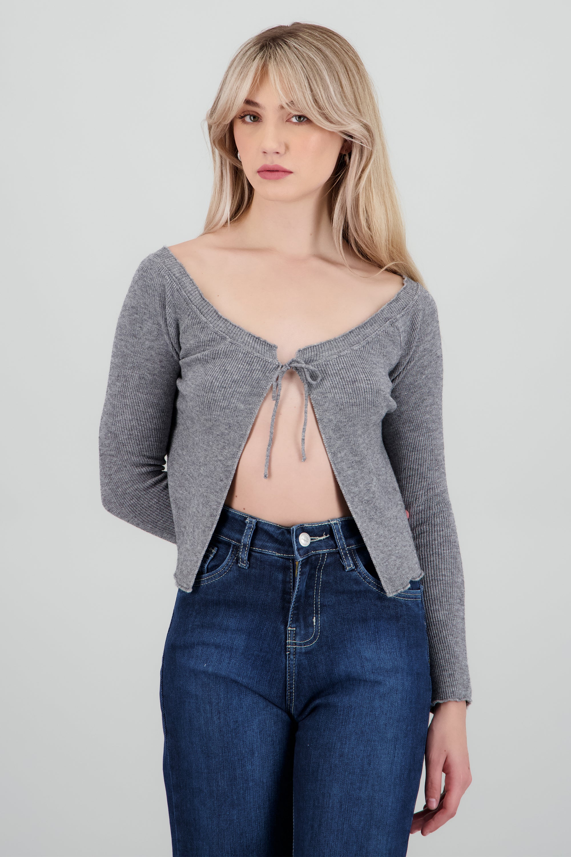 Cardigan off shoulder detalle moño GRIS