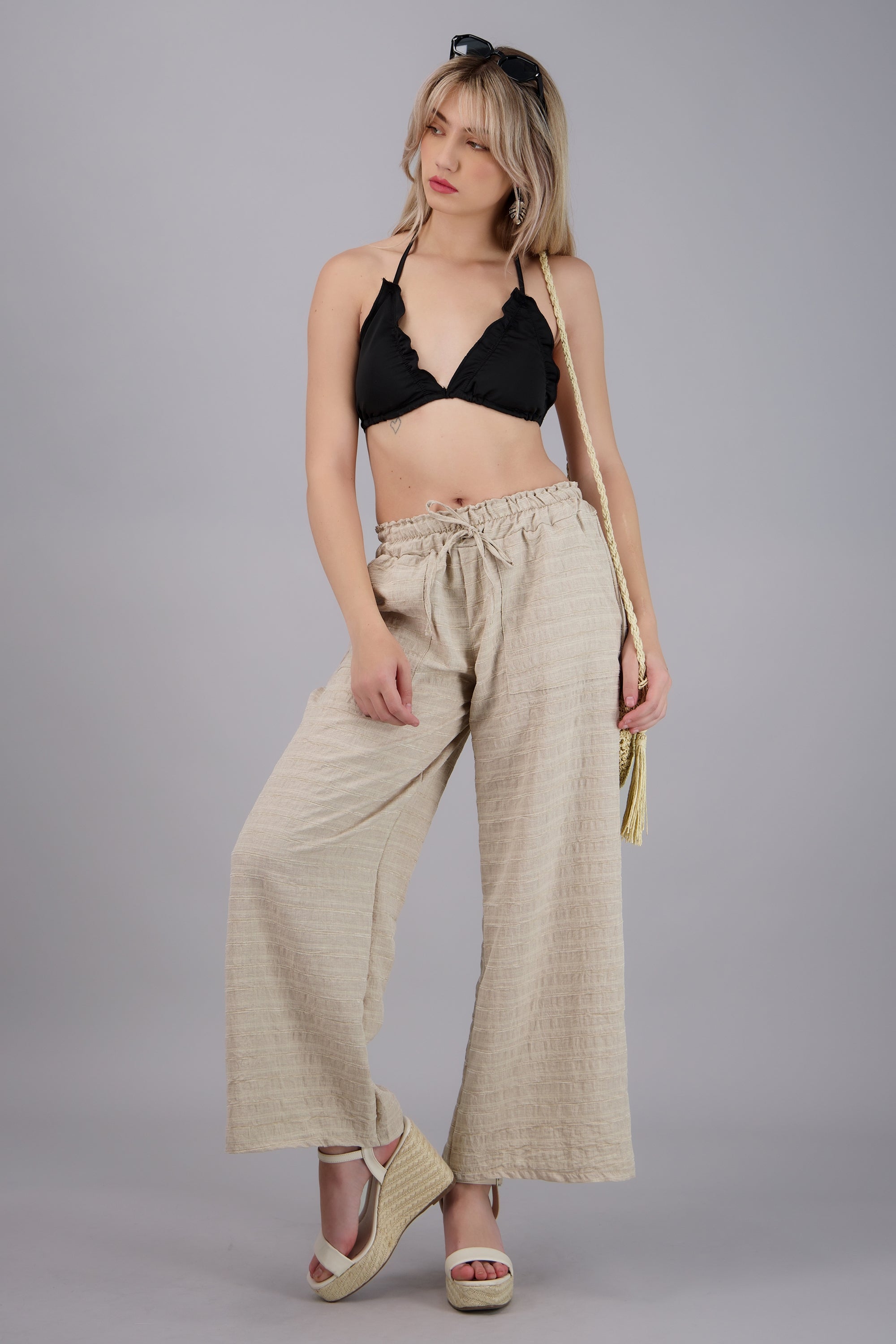 Pantalon amplio resorte textura BEIGE