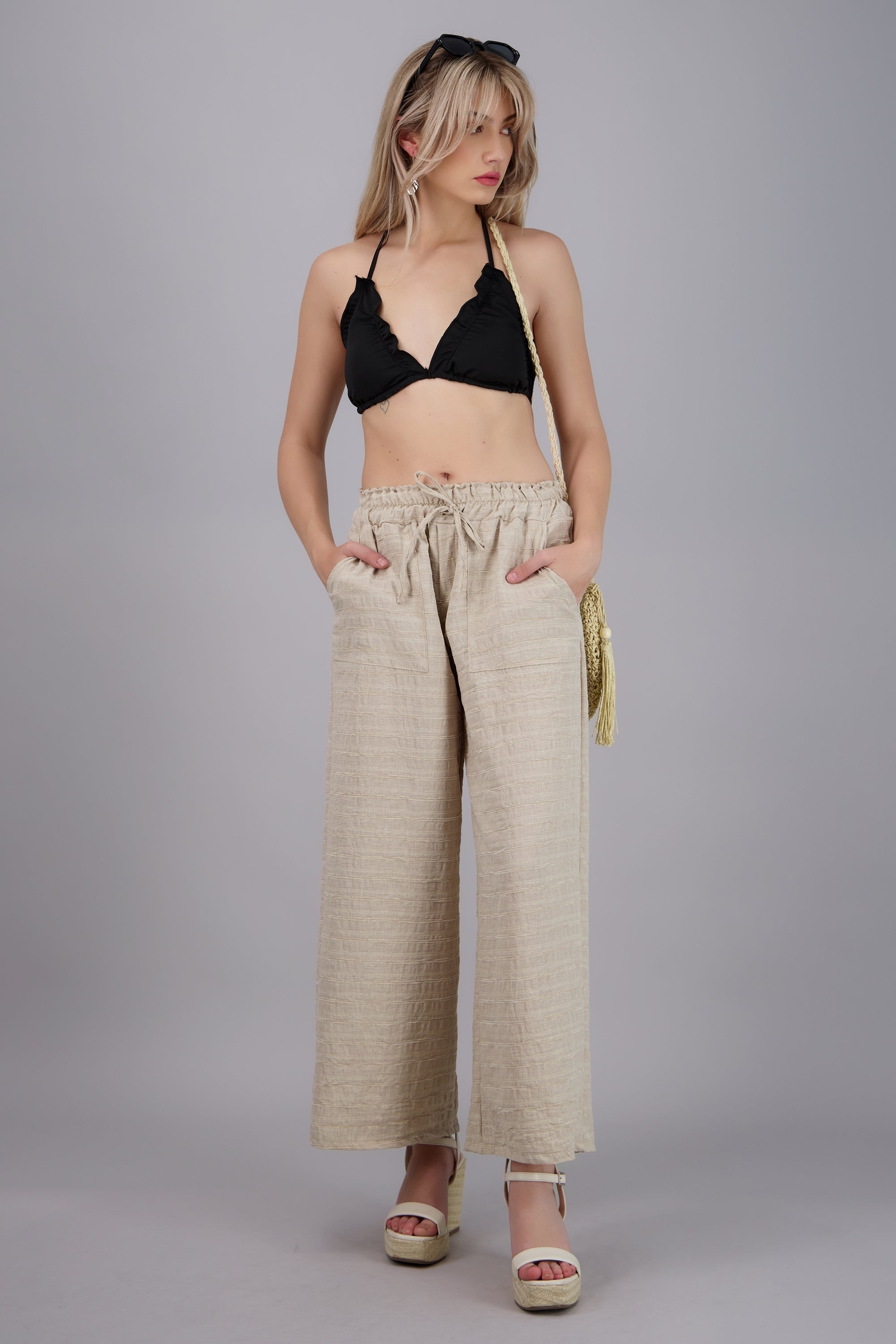 Pantalon amplio resorte textura BEIGE
