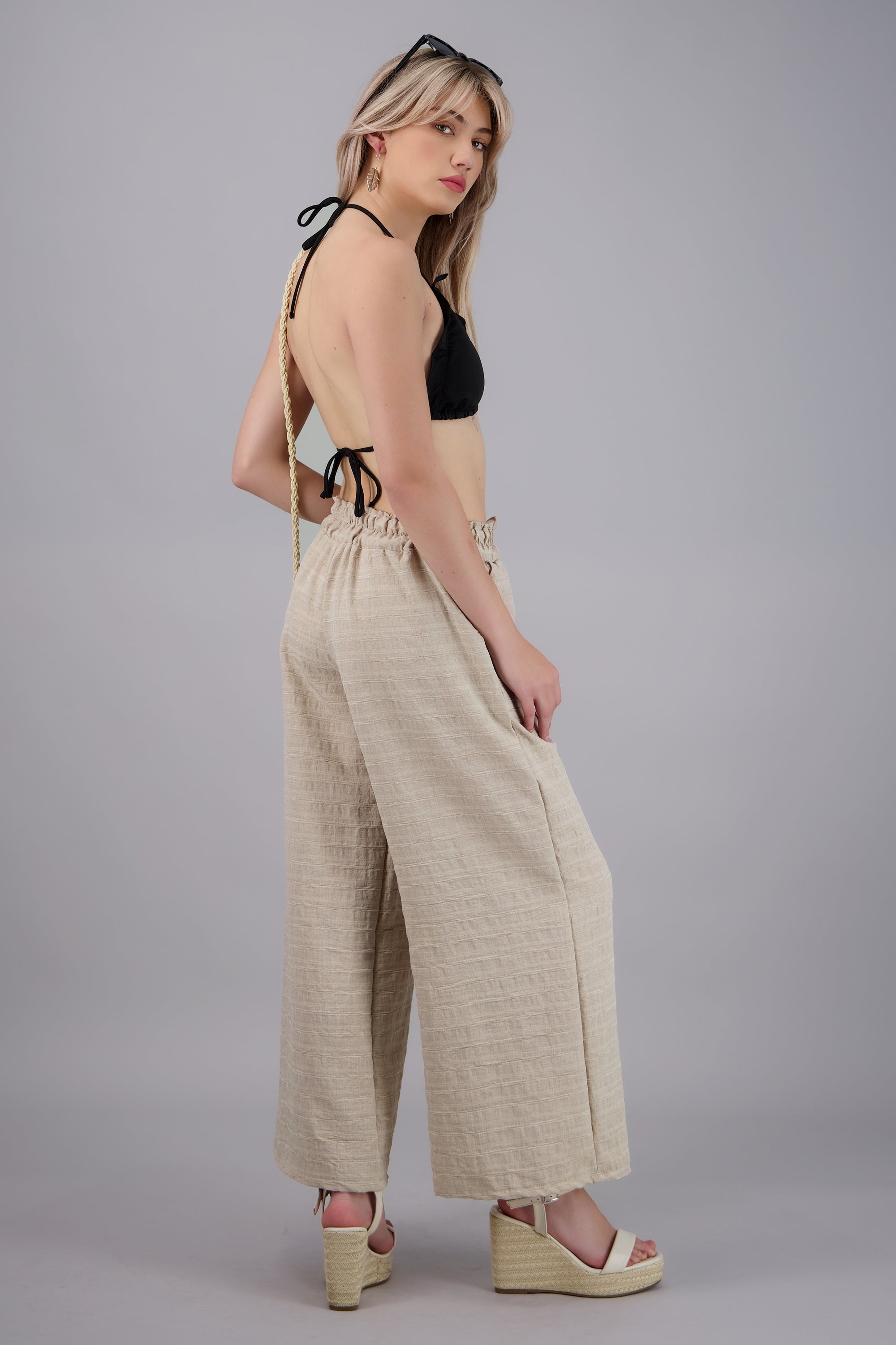Pantalon amplio resorte textura BEIGE