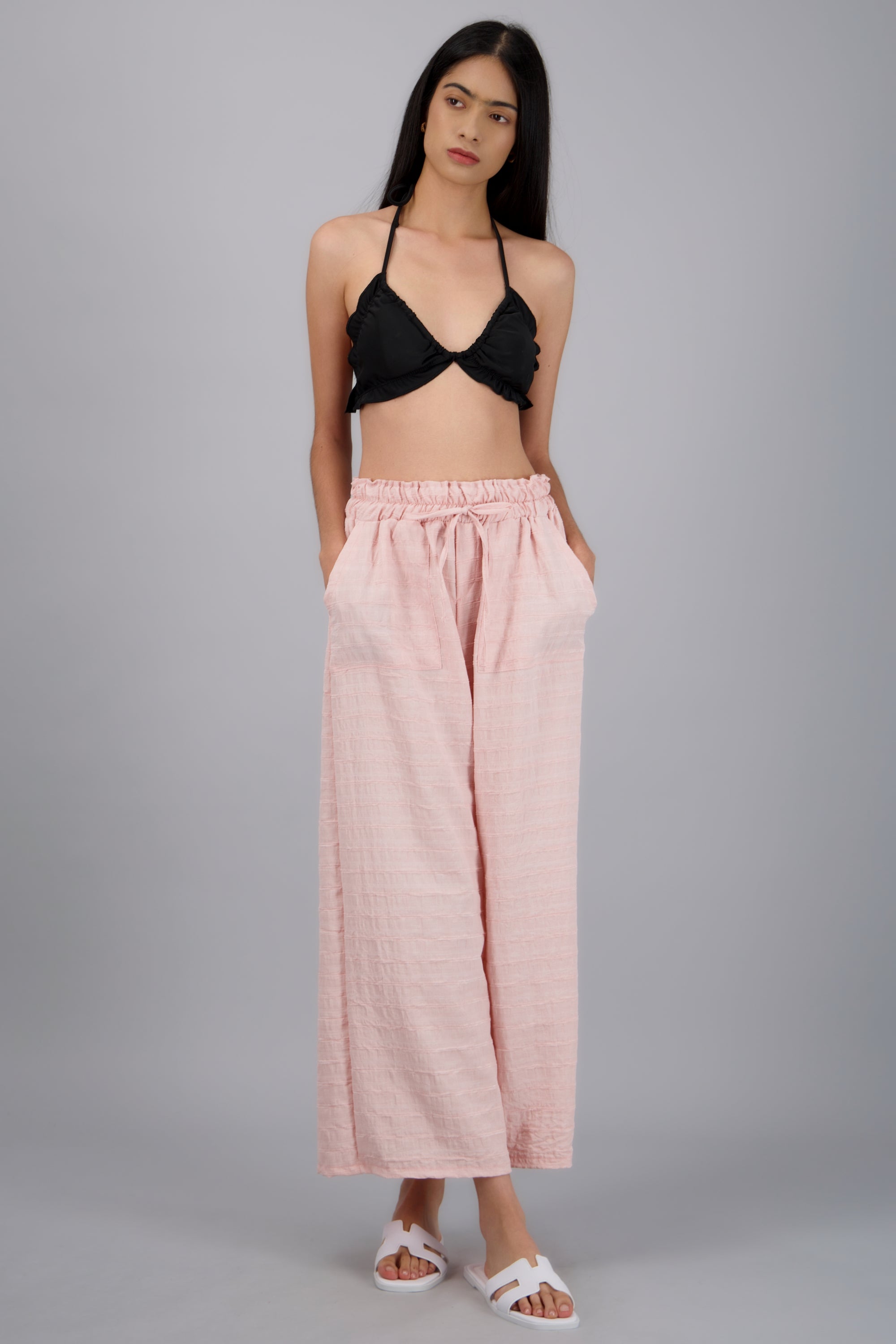Pantalon amplio resorte textura ROSA