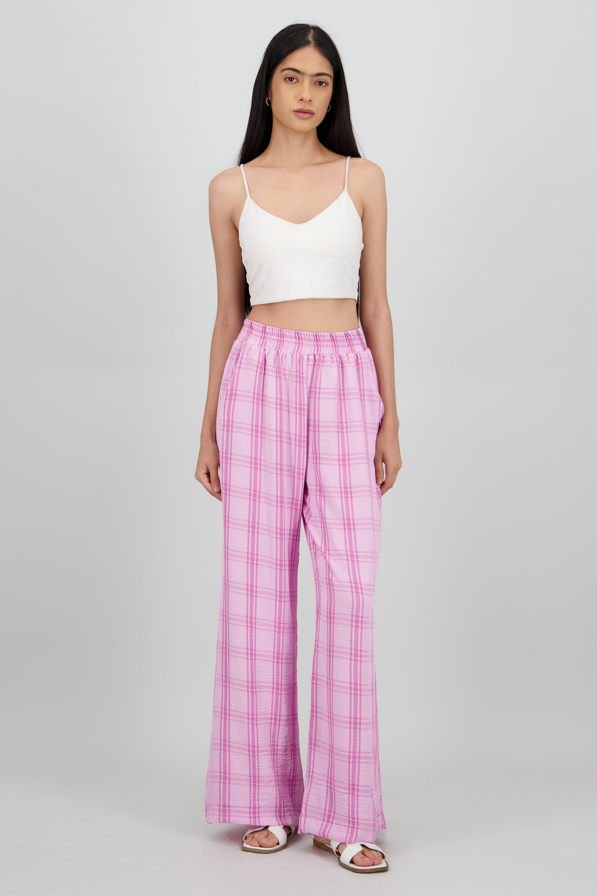 Pantalon fluido estampado cuadros LILA