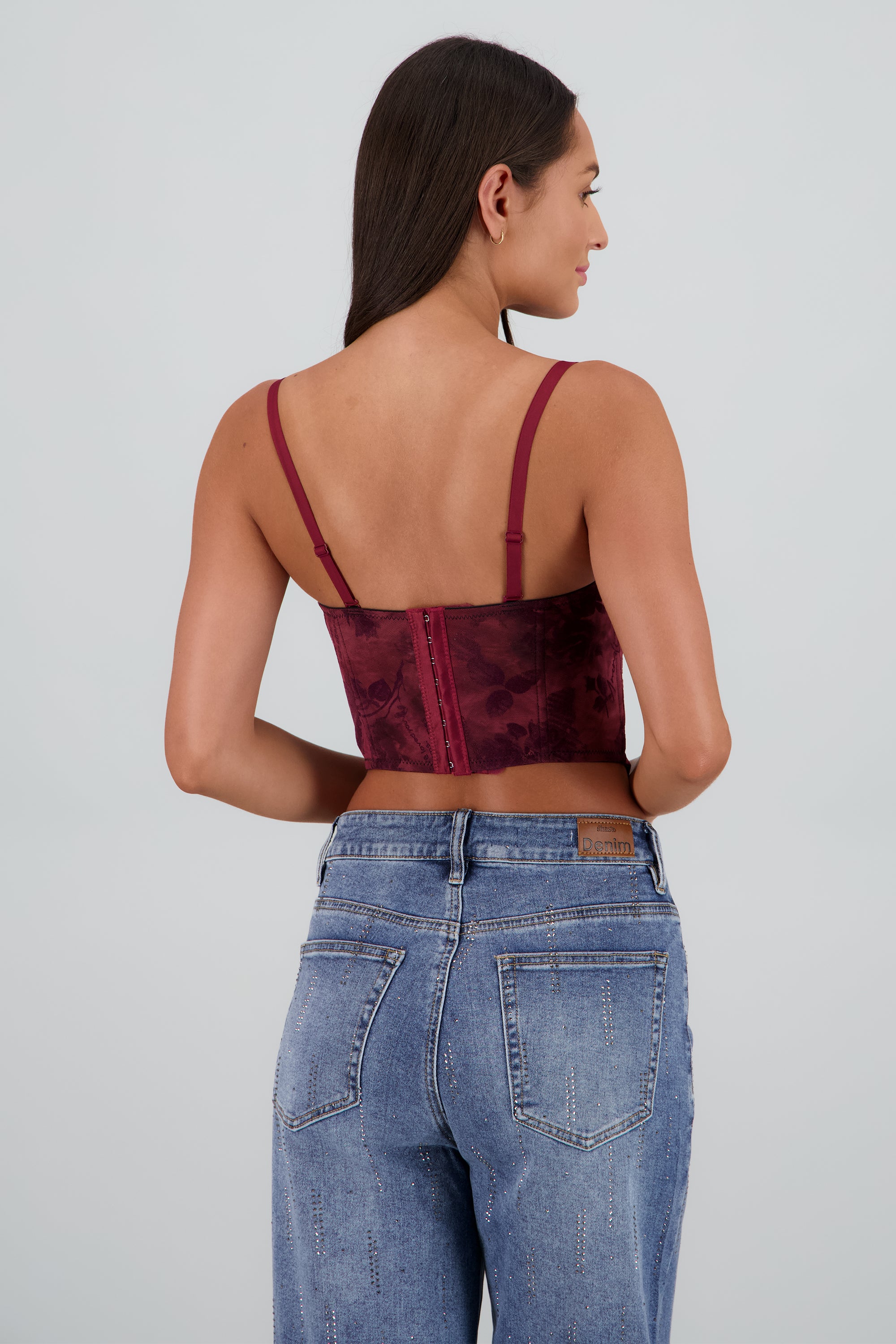 Corset flock flores detalle de plisado en copas VINO