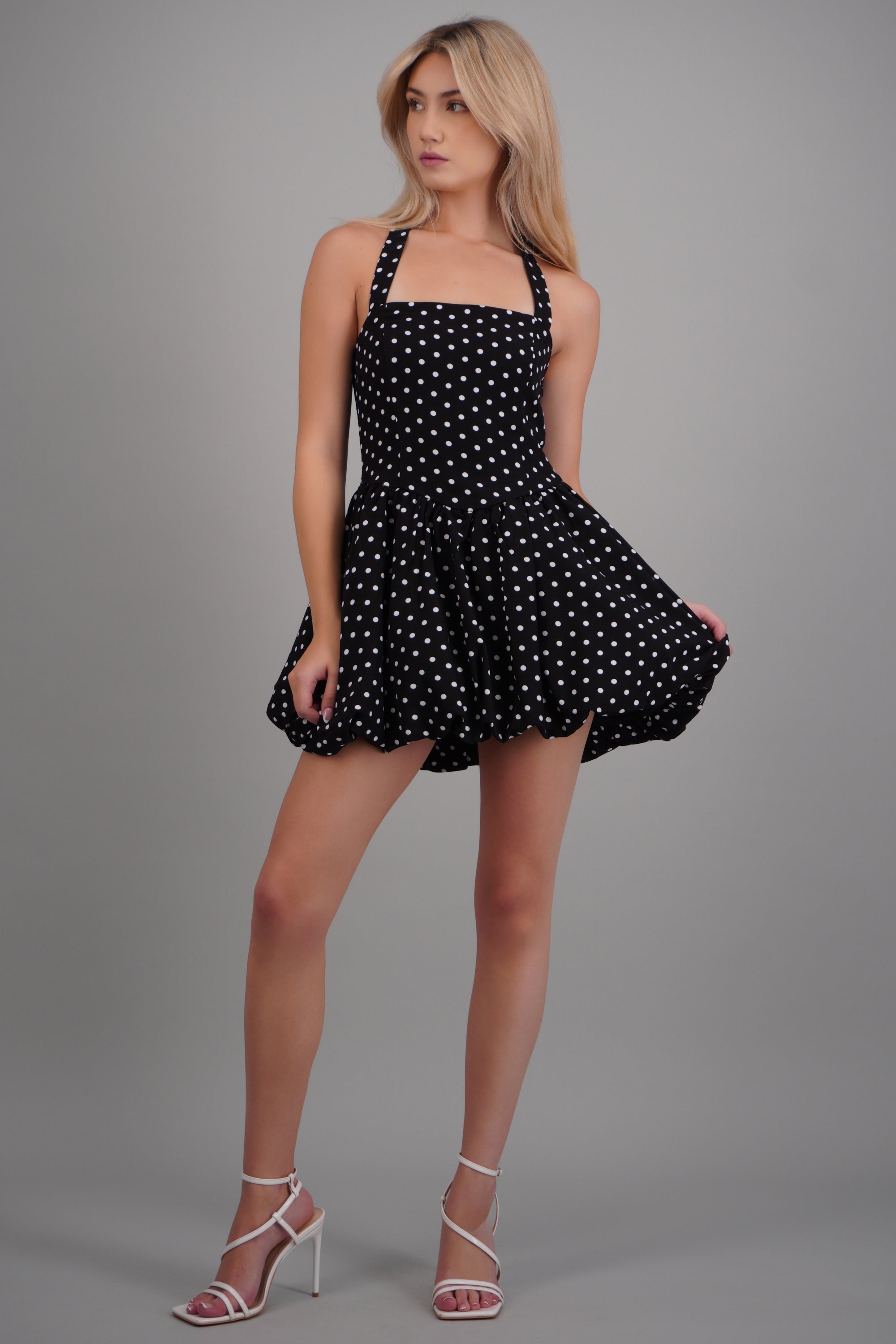 Vestido halter polka dots falda burbuja NEGRO COMBO