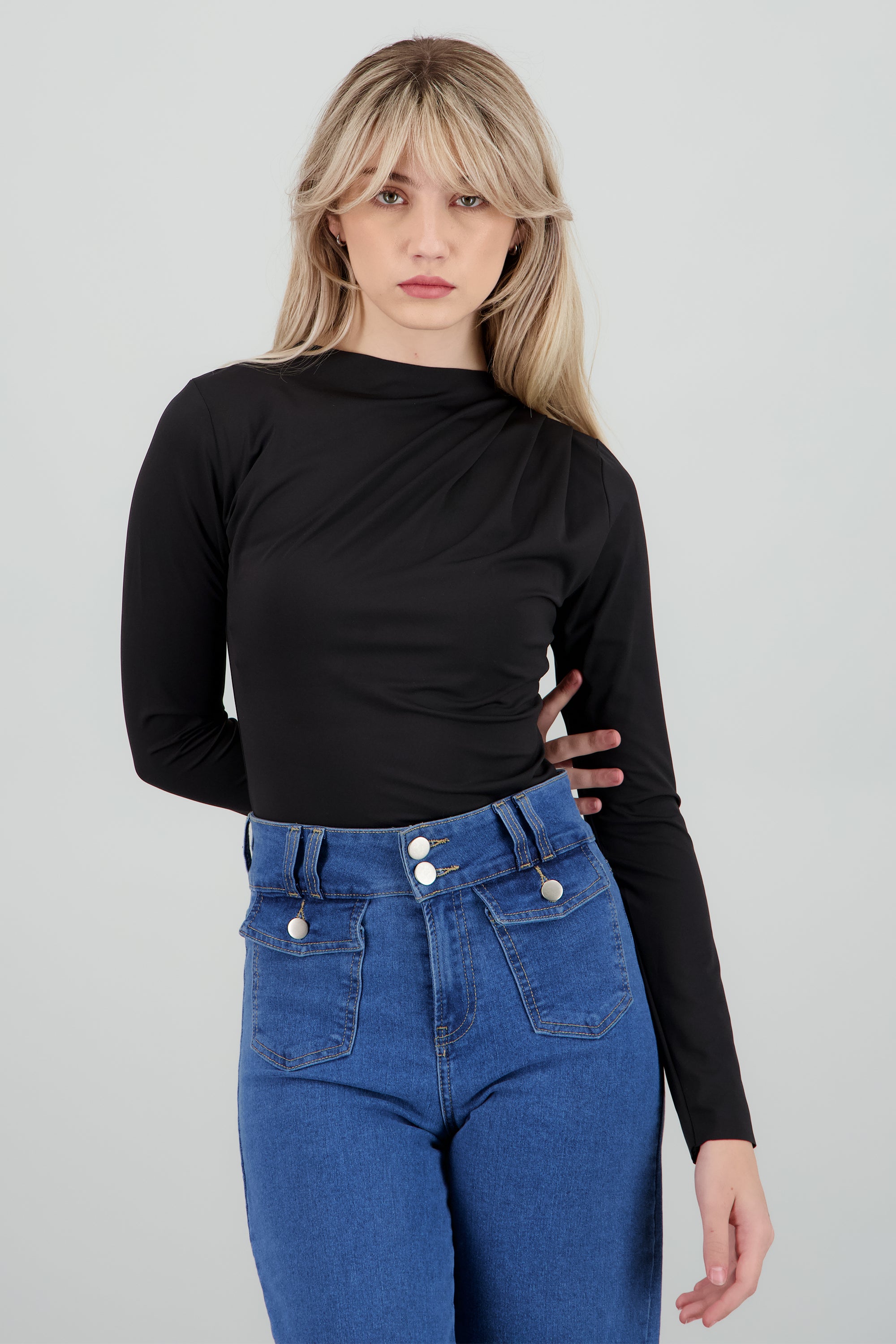 Bodysuit manga larga detalle drapeado hombro NEGRO