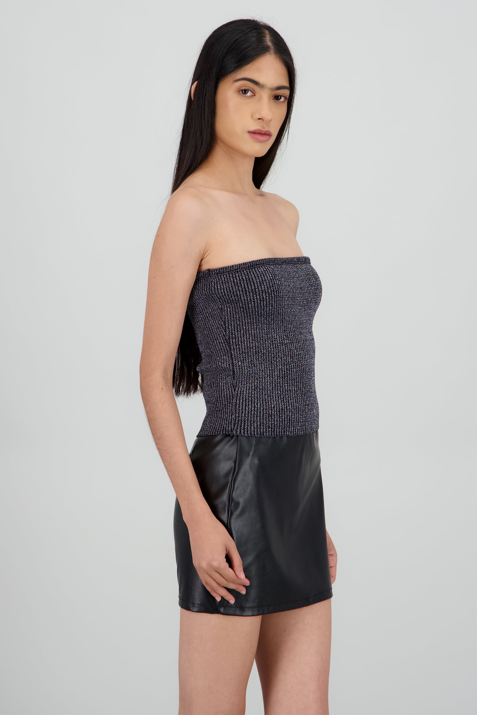 Top strapless tejido detalle brillos NEGRO