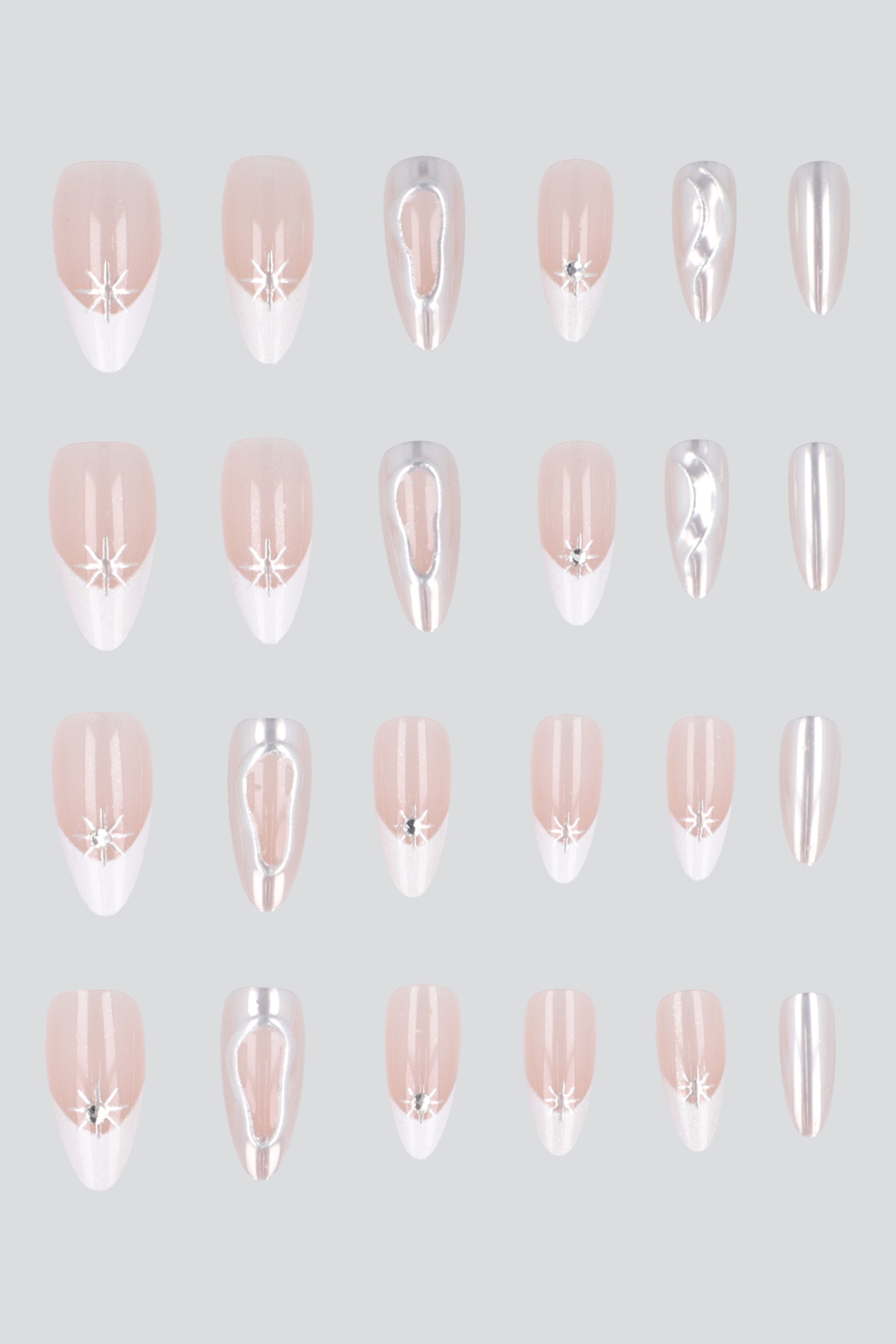 Set 24 uñas french circulo metal PLATA