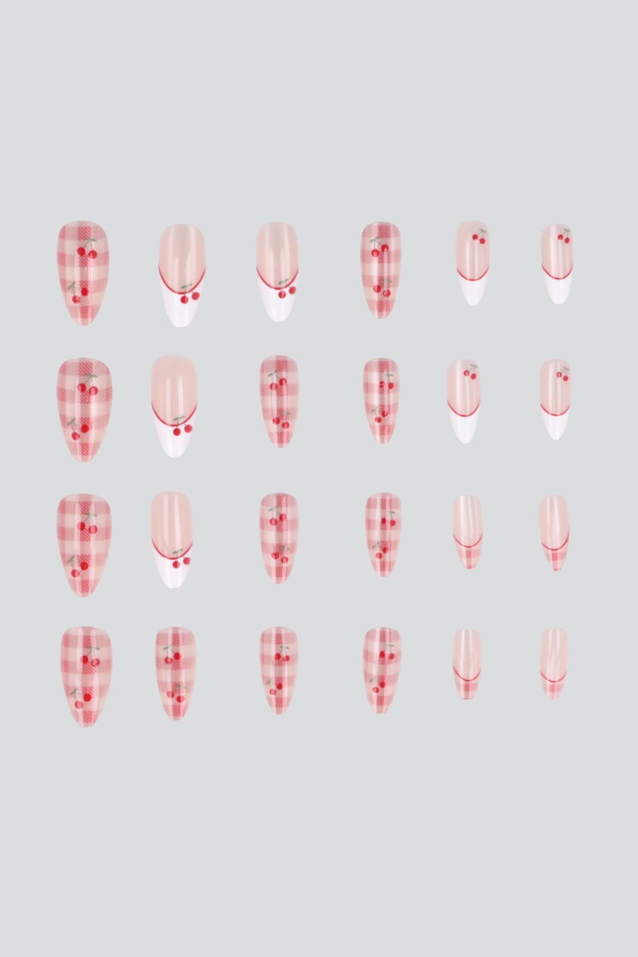 Set 24 uñas cerezas gingham