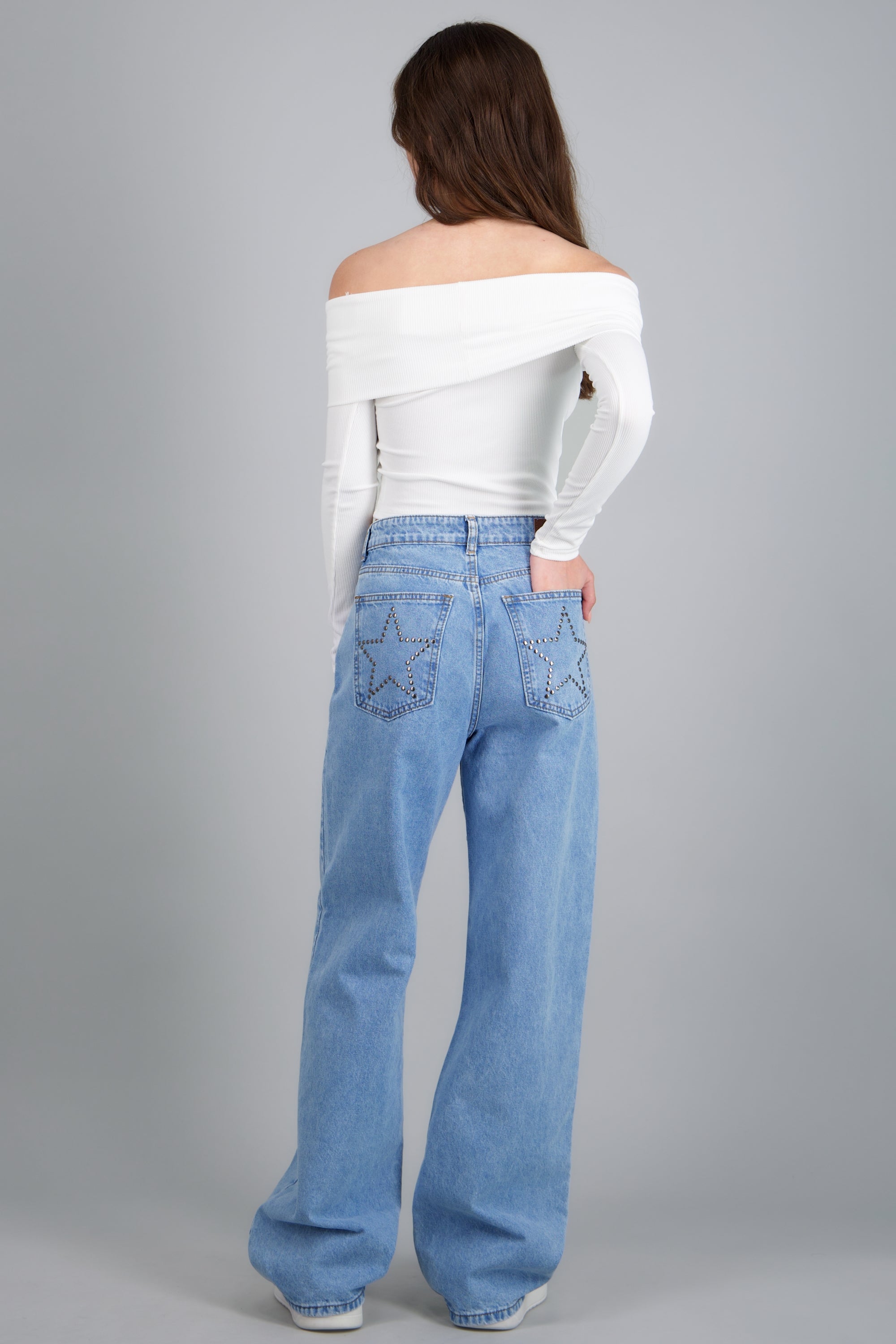 Jeans straight estrella estoperoles LIGHT WASH