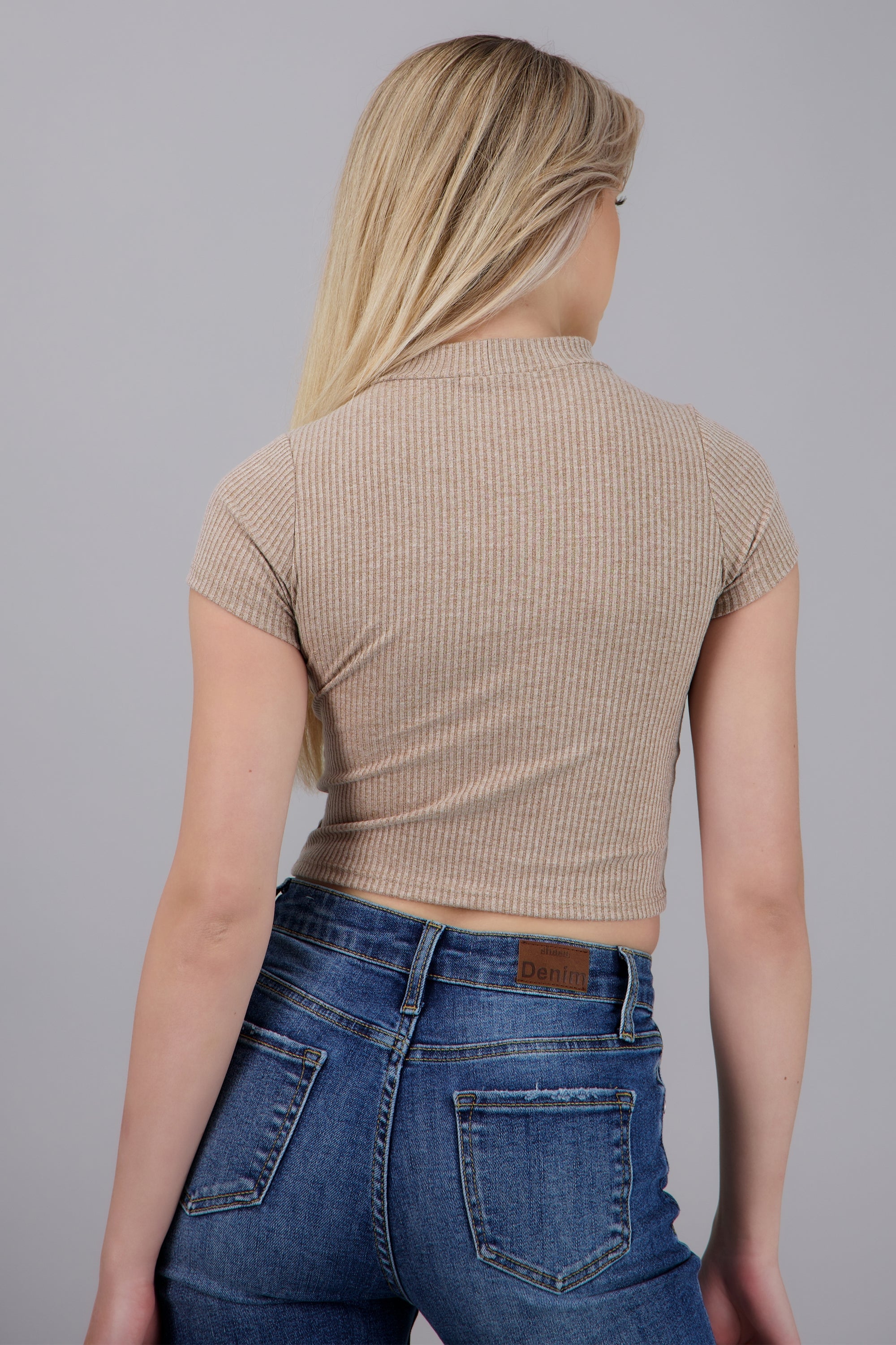 Top crop de rib manga corta con cuello alto ARENA