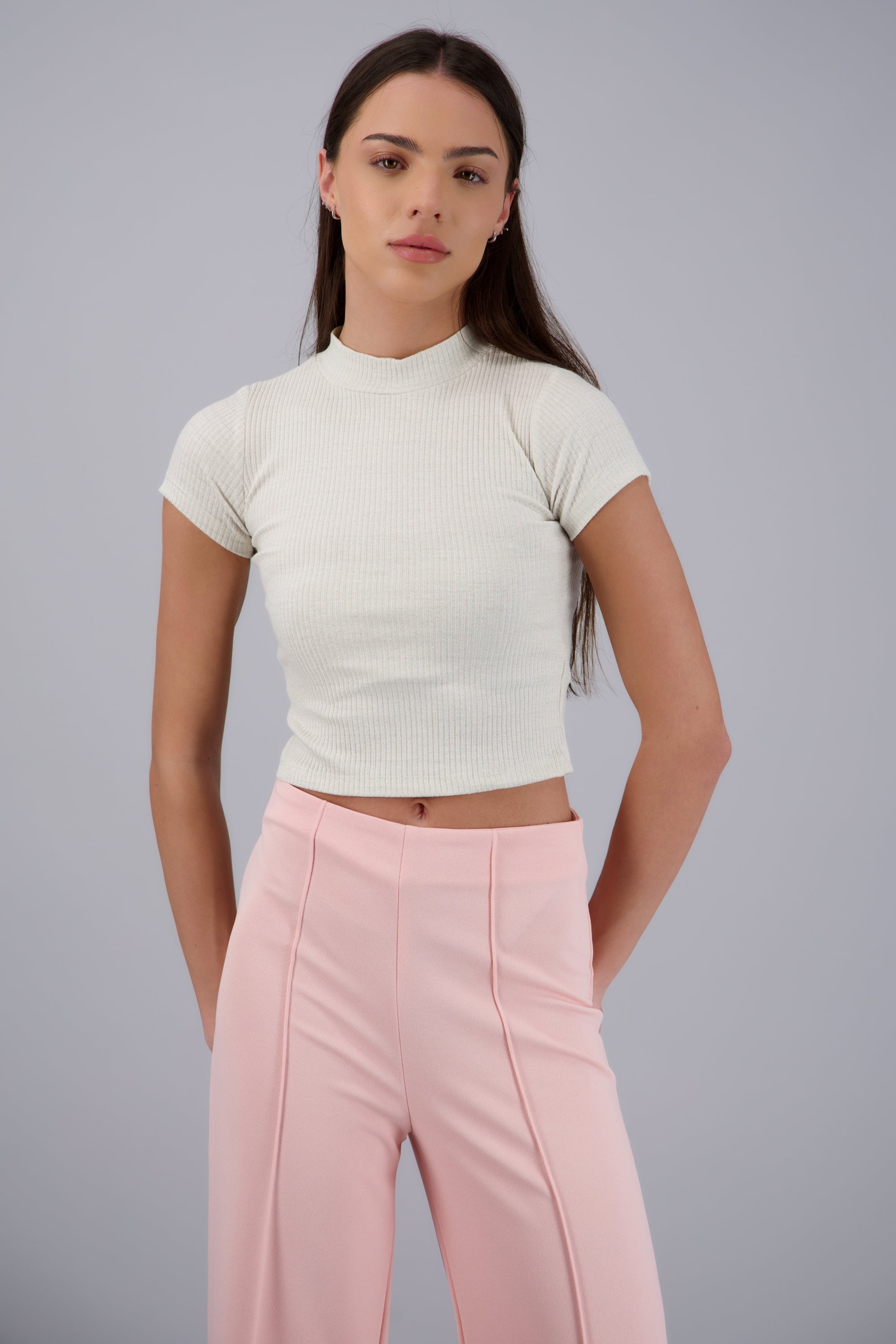 Top crop de rib manga corta con cuello alto HUESO