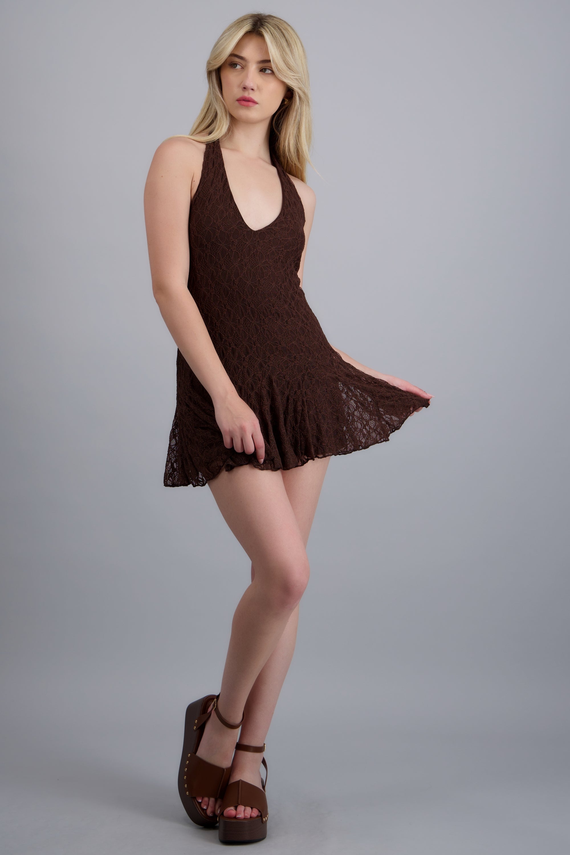 Vestido encaje halter CHOCOLATE