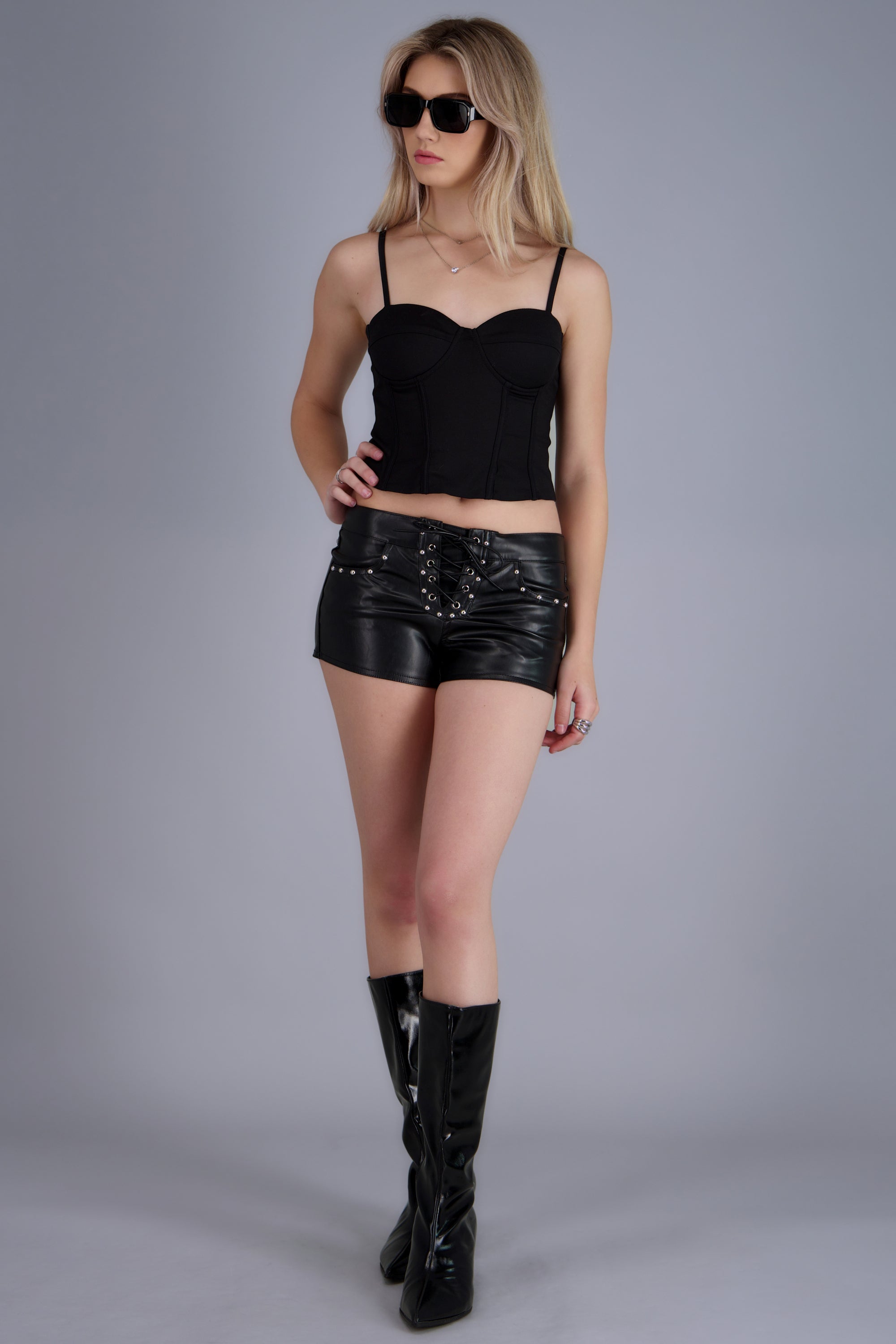 Mini  short pu lace up NEGRO