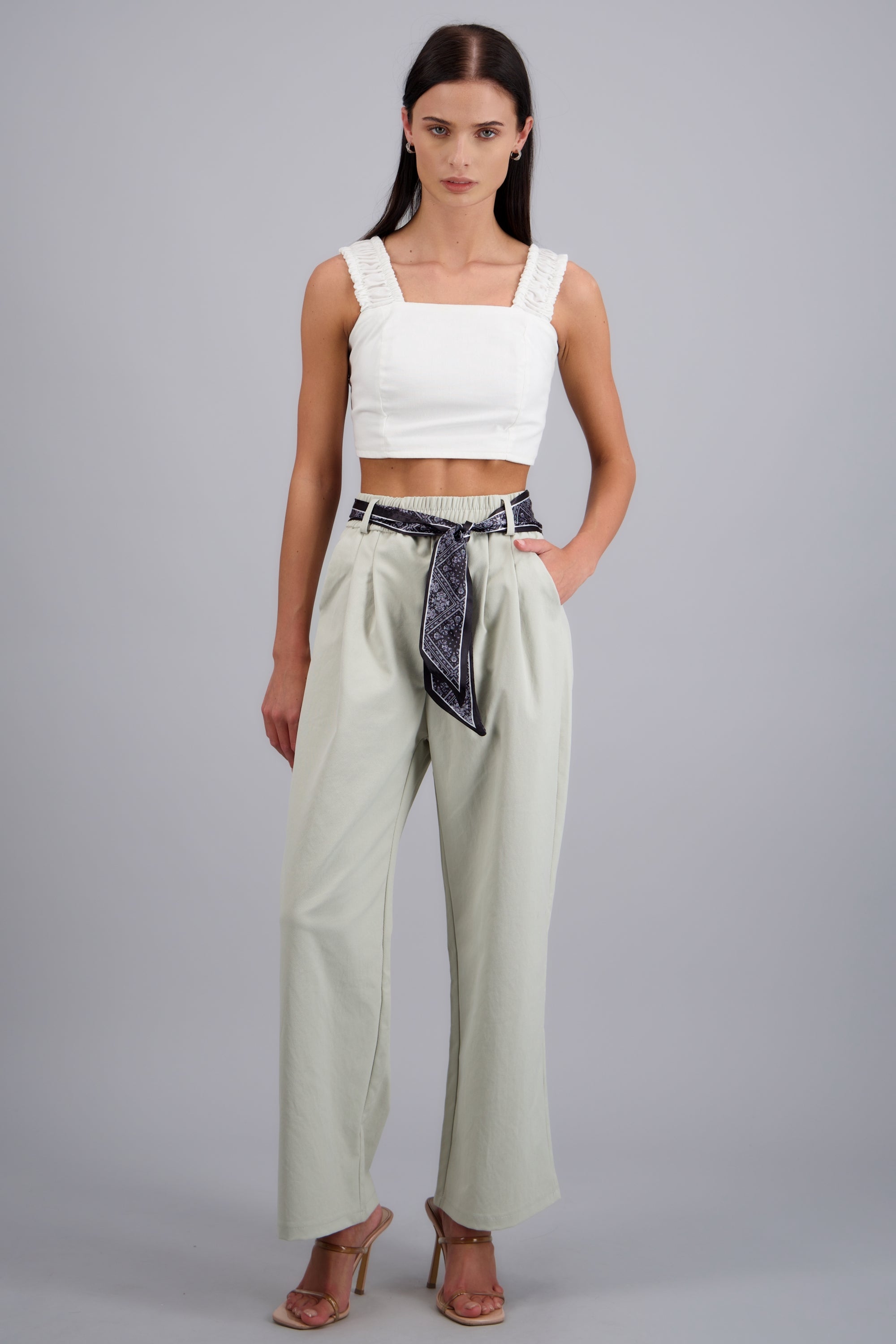 Pantalón wide leg con paliacate GRIS CLARO