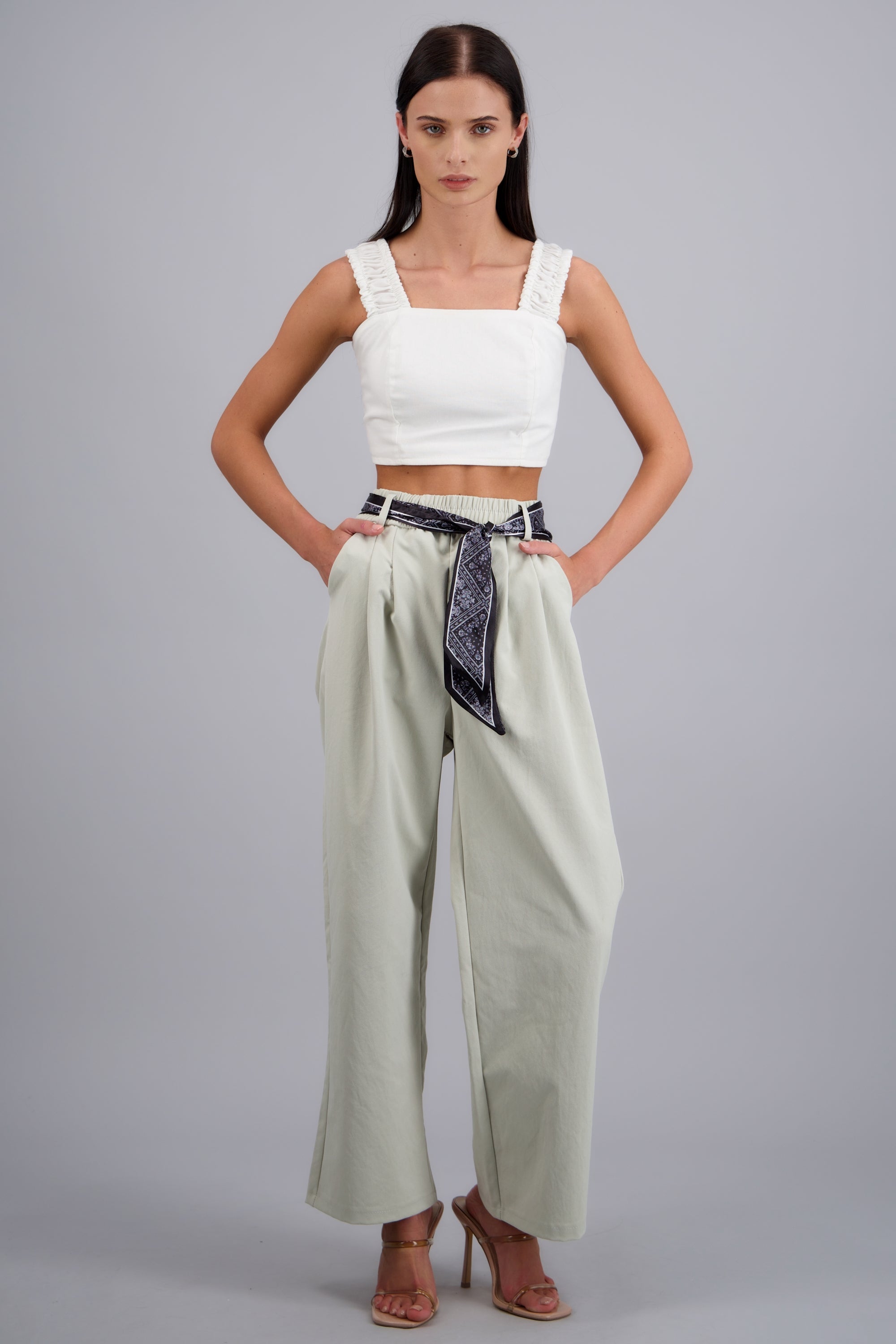 Pantalón wide leg con paliacate GRIS CLARO