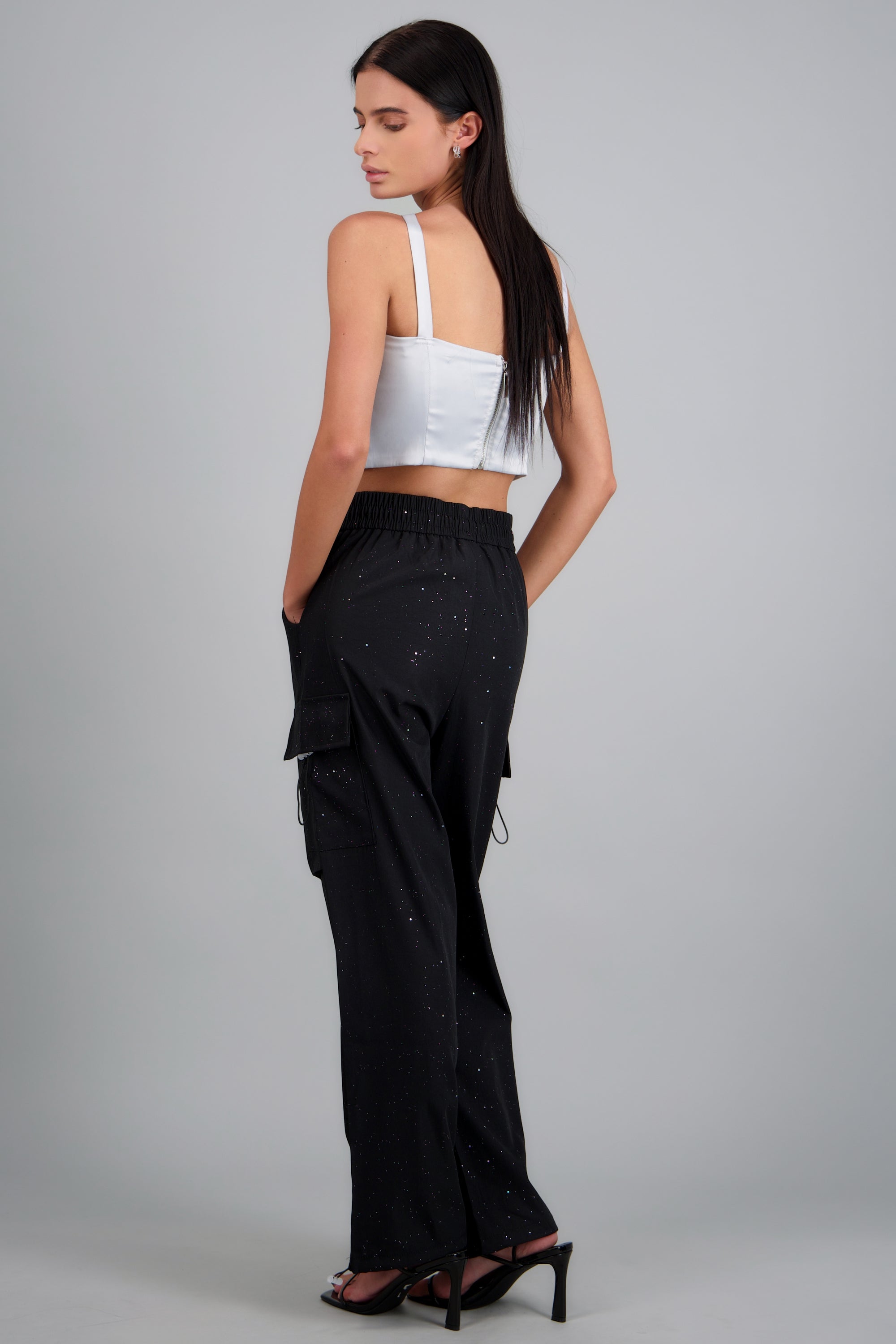 Pantalón cargo de brillos con jareta NEGRO