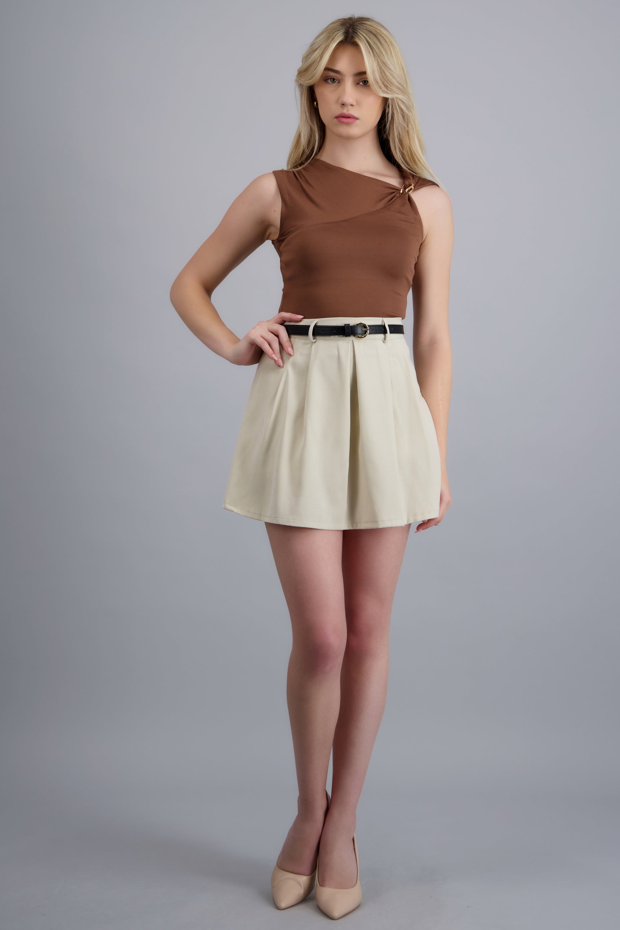 Mini falda tablones con cinto BEIGE