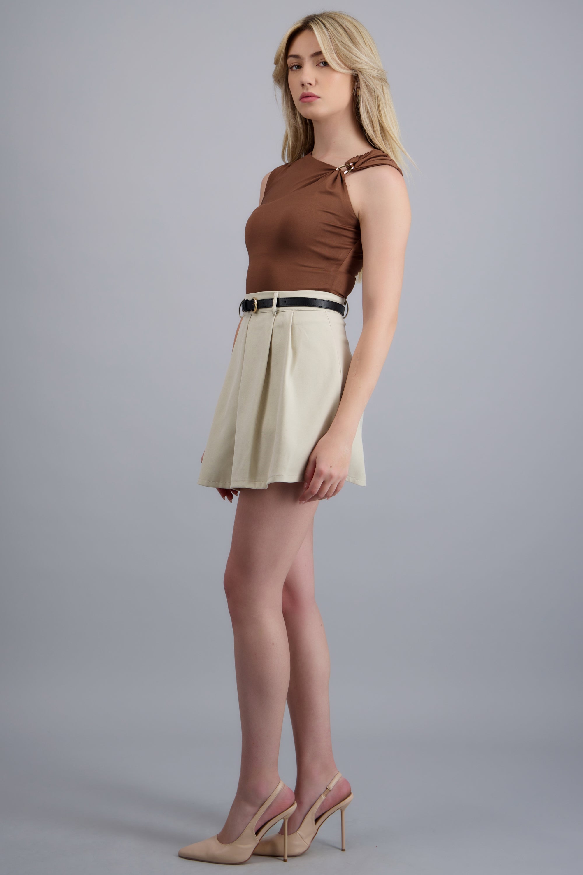 Mini falda tablones con cinto BEIGE