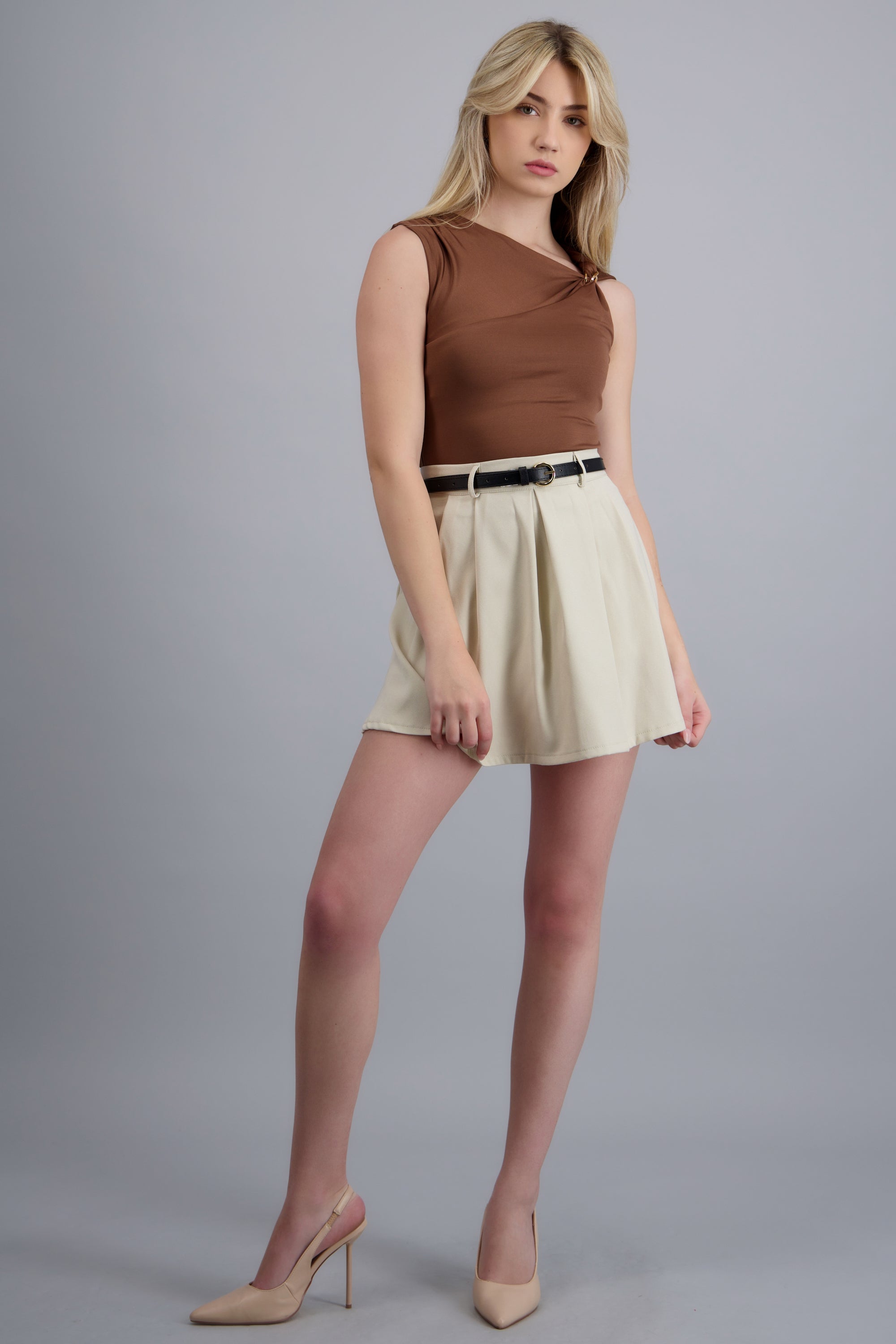 Mini falda tablones con cinto BEIGE