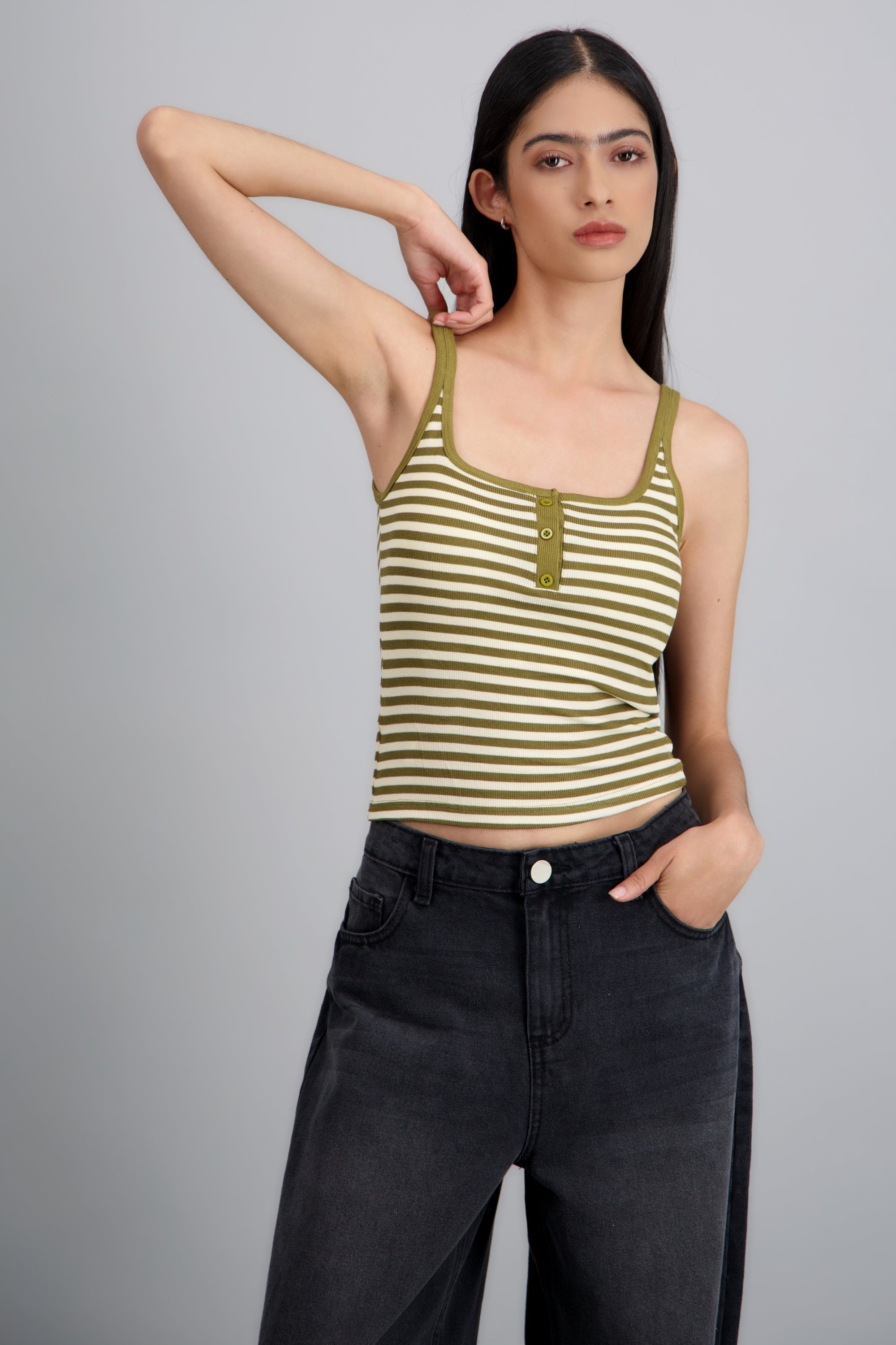 Top tirantes rayas con botones OLIVO COMBO