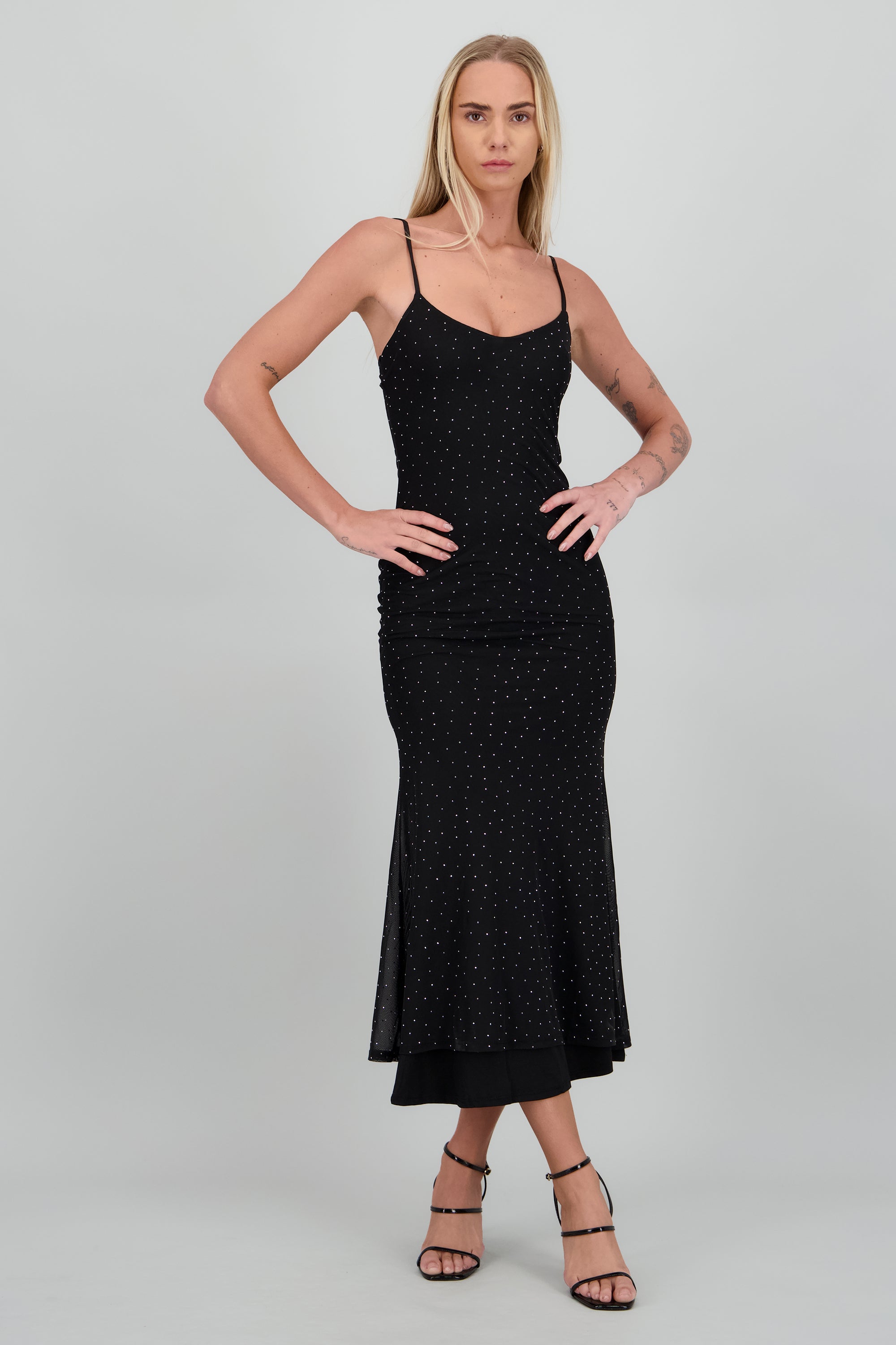 Vestido maxi brillos mesh NEGRO