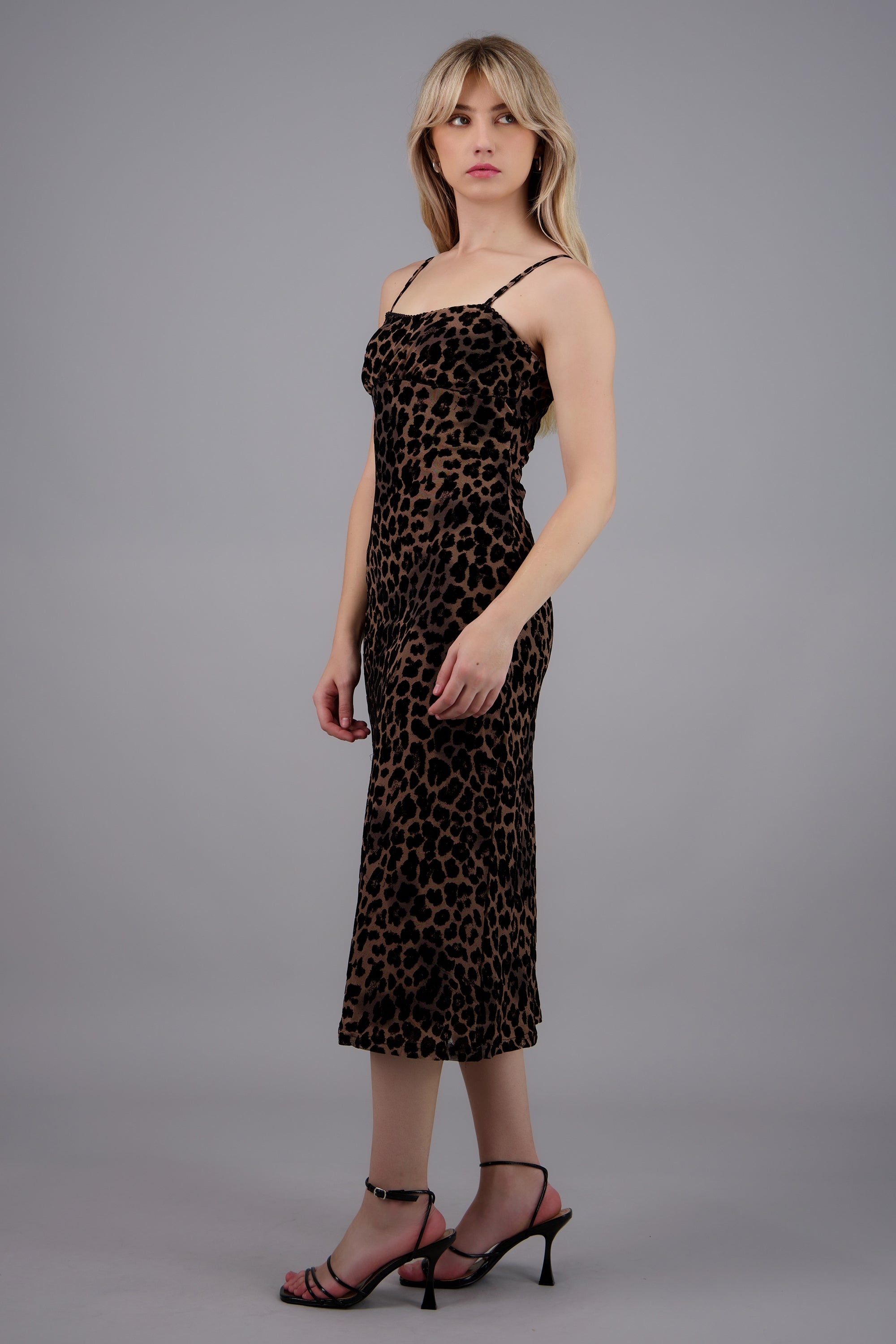 Vesrido midi leopardo mesh flock CAFE COMBO