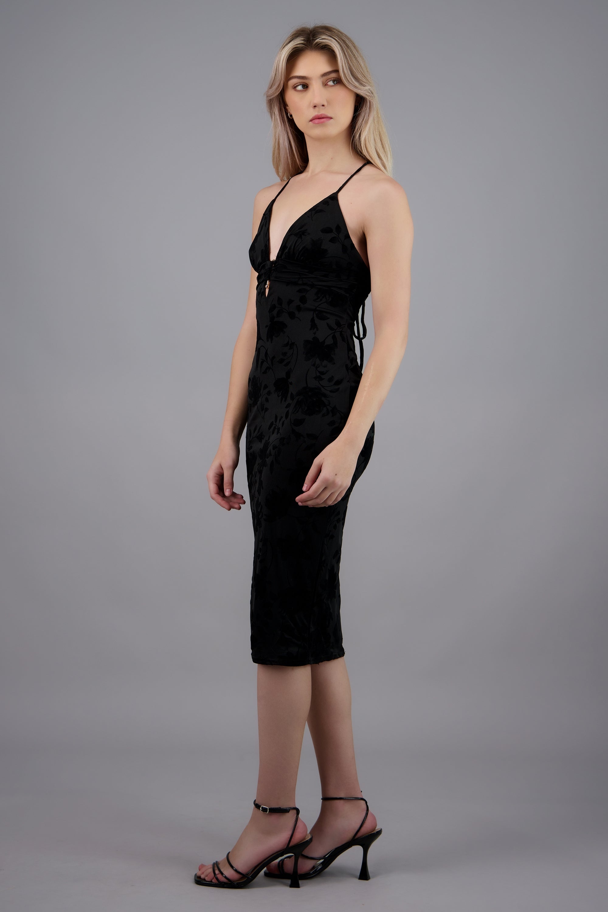 Vestido midi flock detalle escote NEGRO