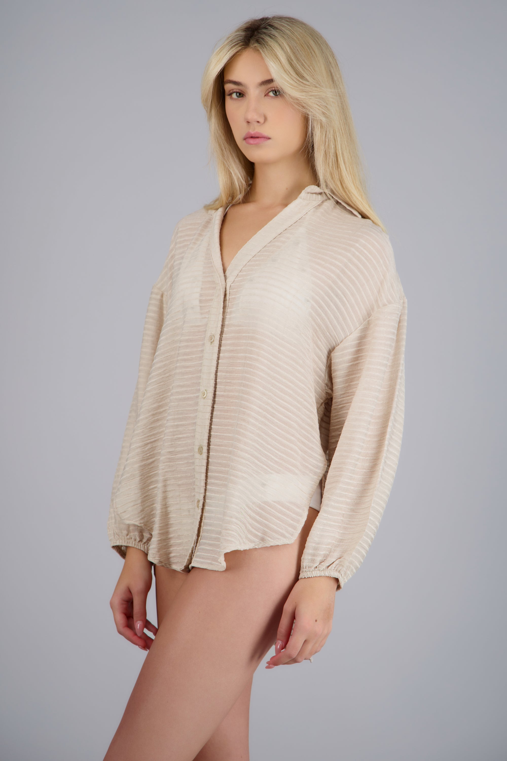 Camisa over ligera lineas BEIGE