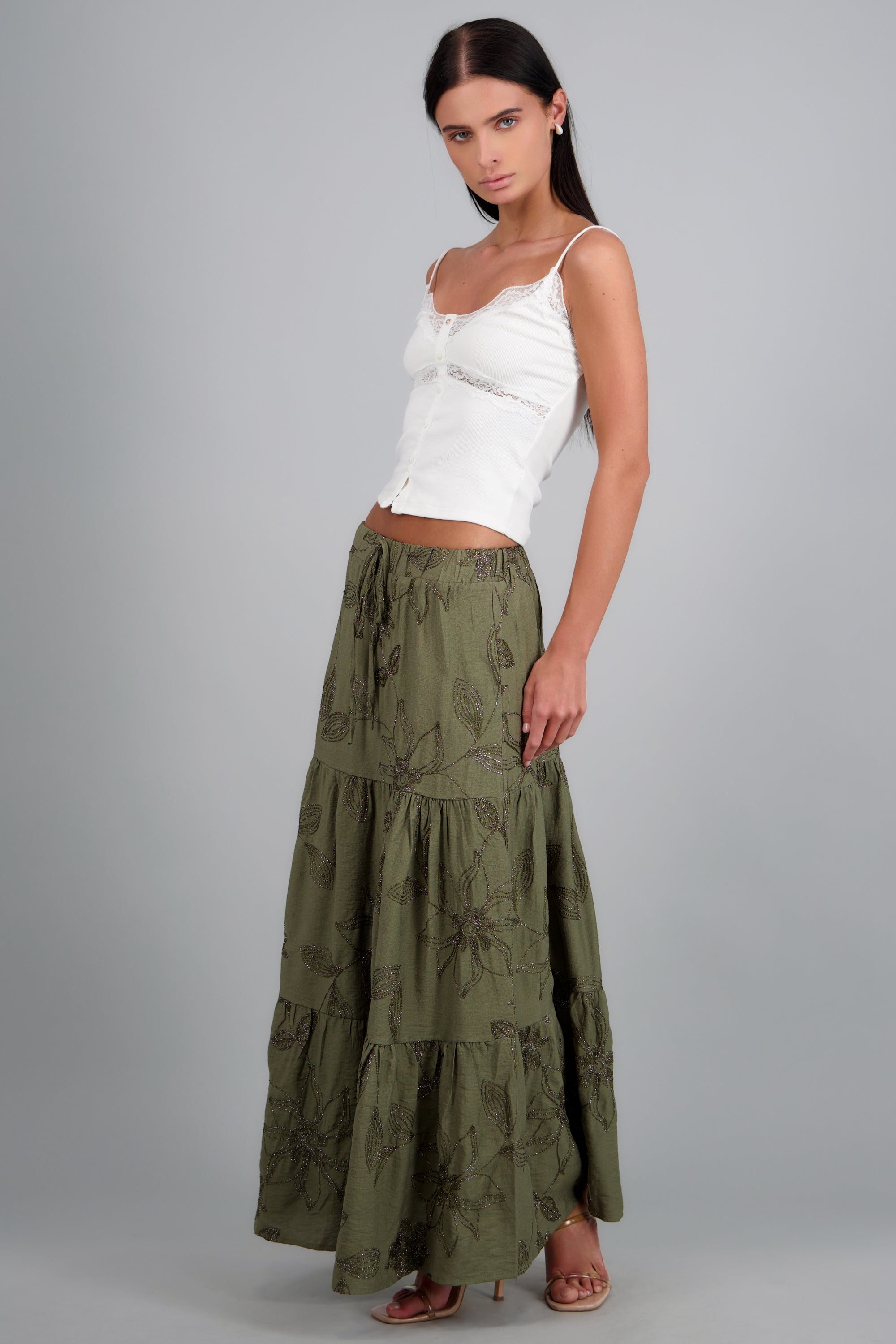 Maxi falda de flores luminosas OLIVO
