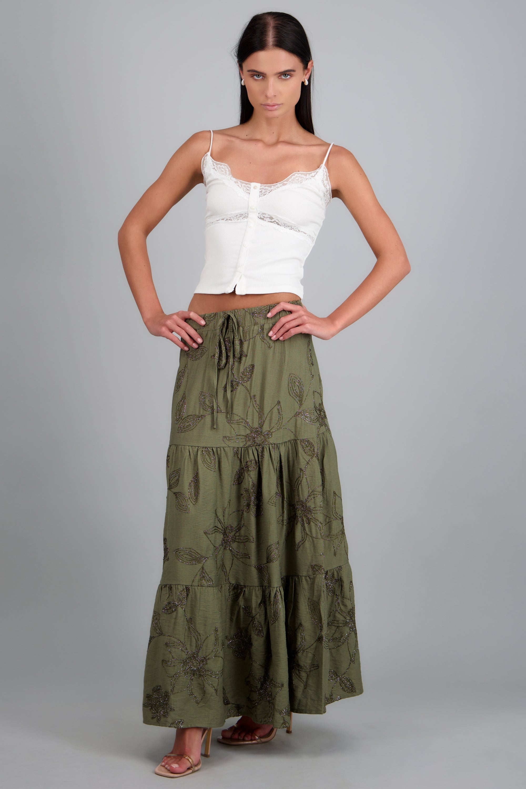 Maxi falda de flores luminosas OLIVO