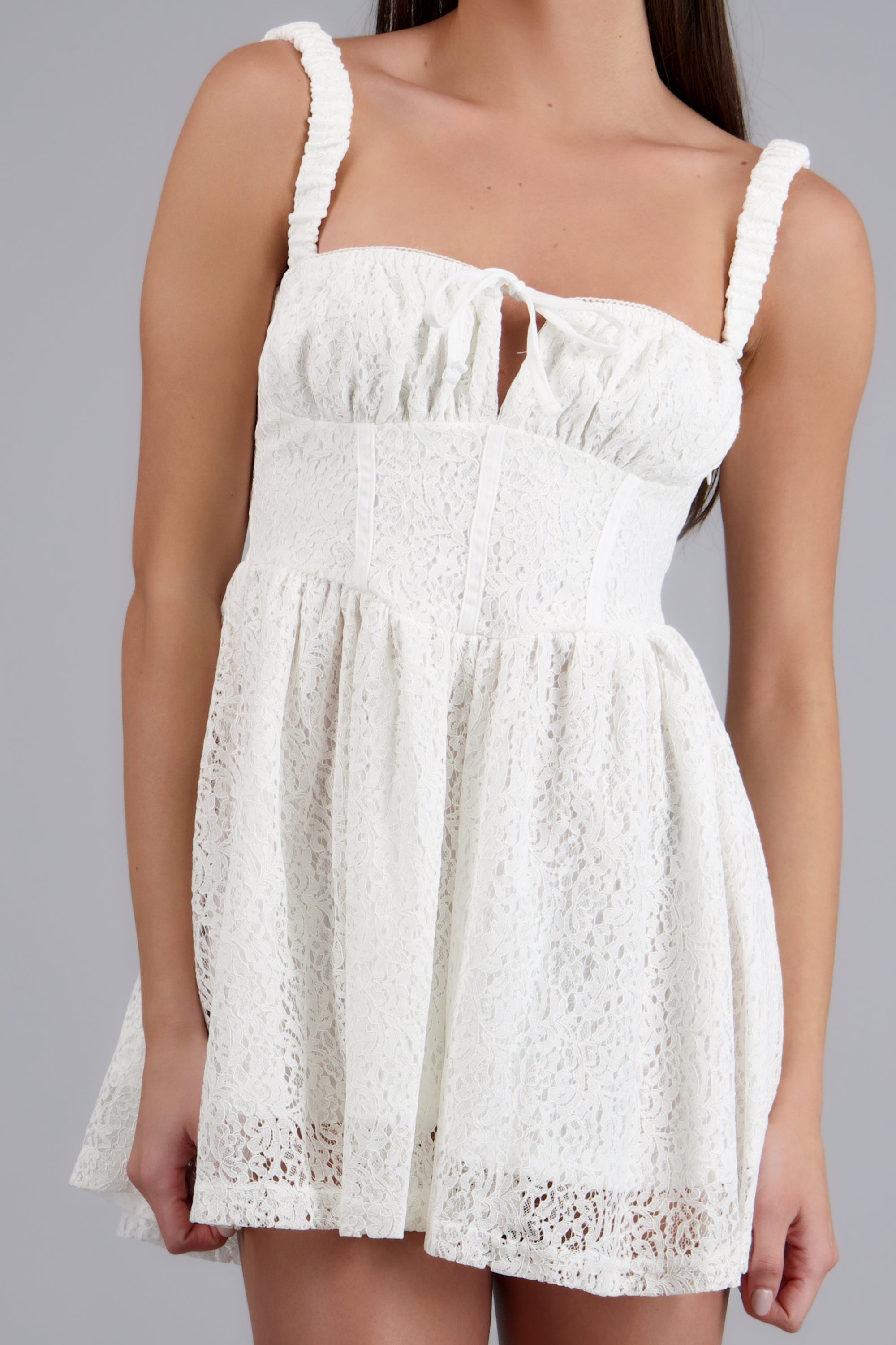 Vestido mini encaje liso HUESO