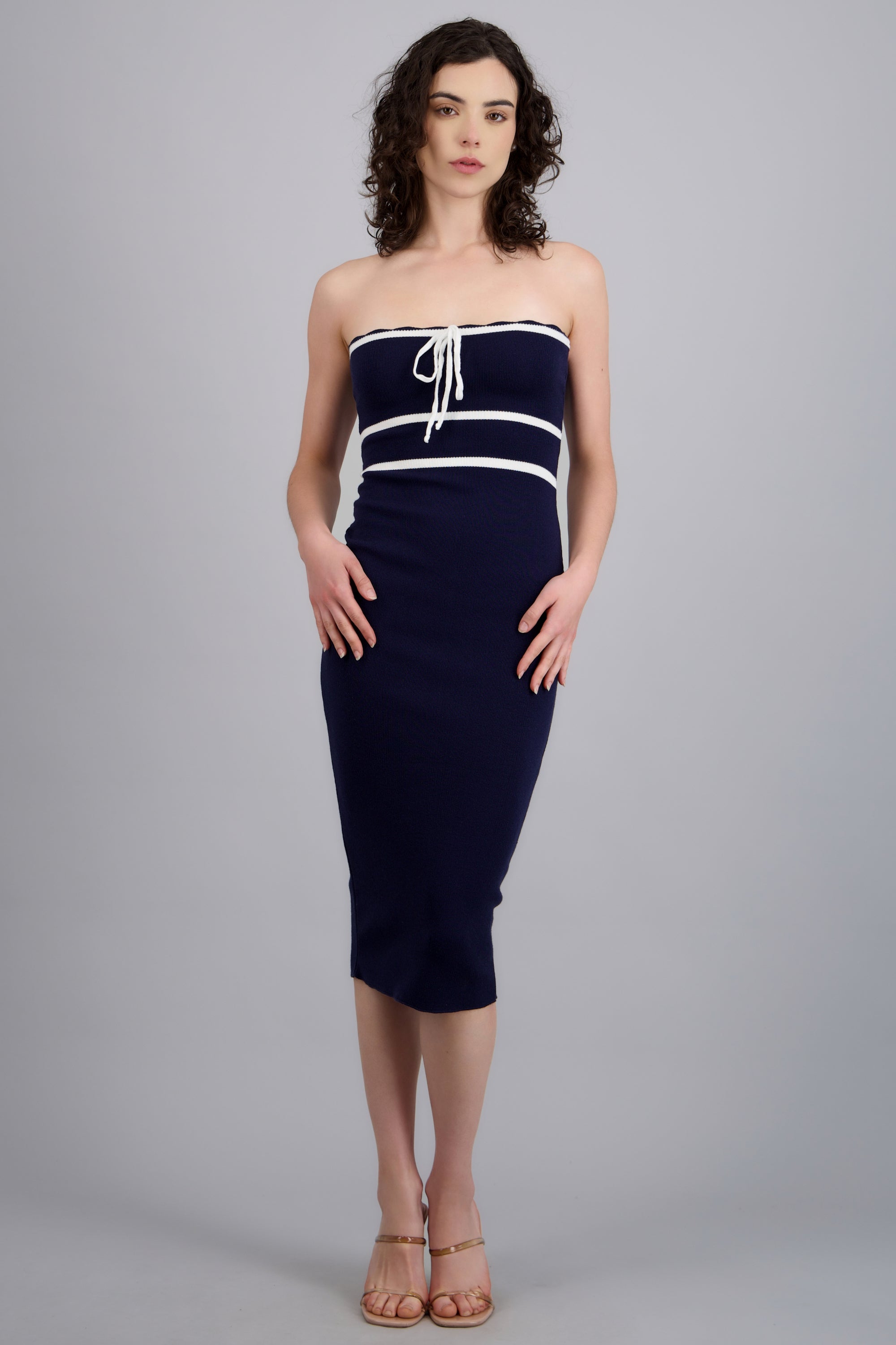 Vestido maxi contraste cintura MARINO