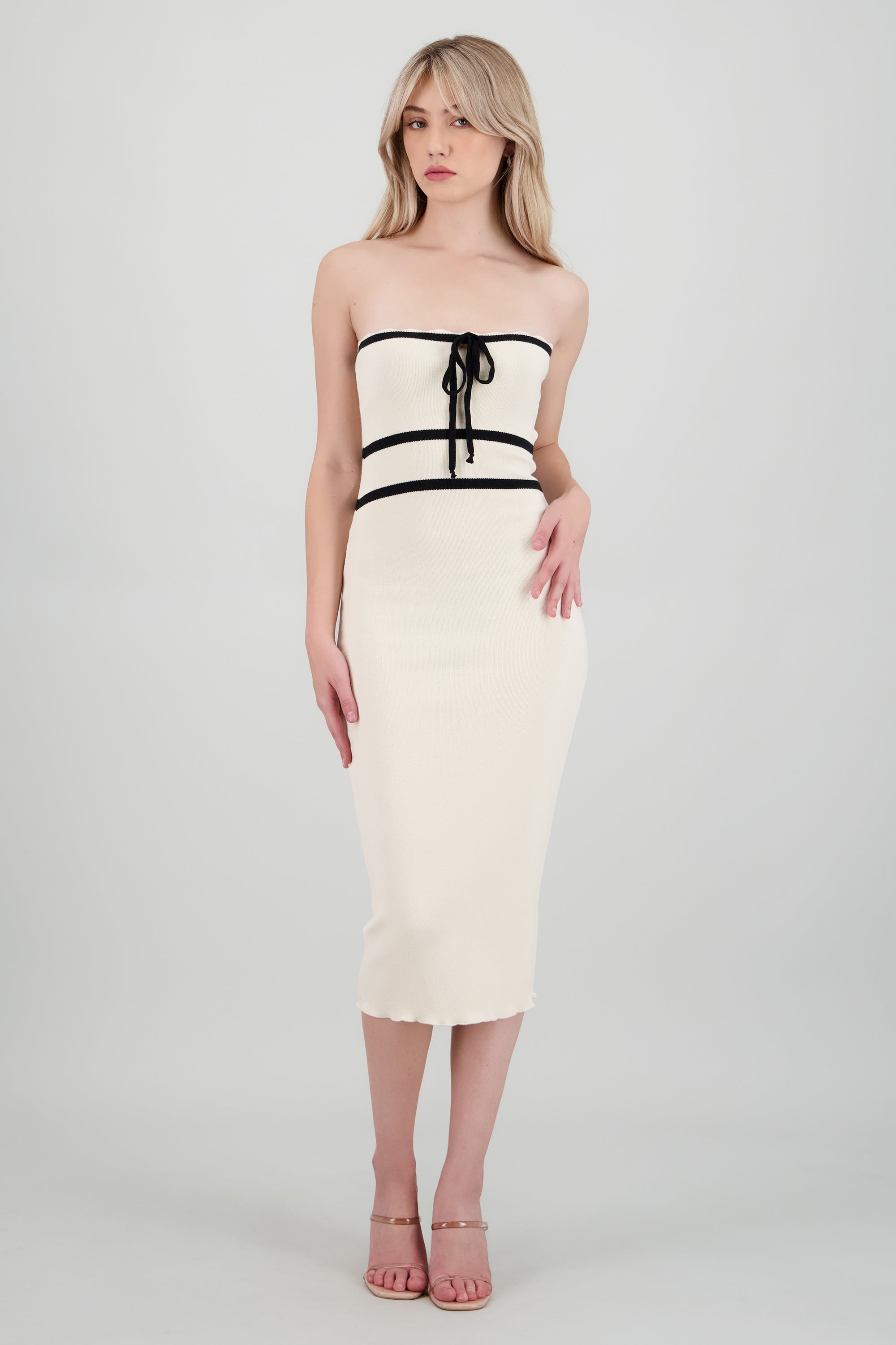 Vestido maxi contraste cintura HUESO