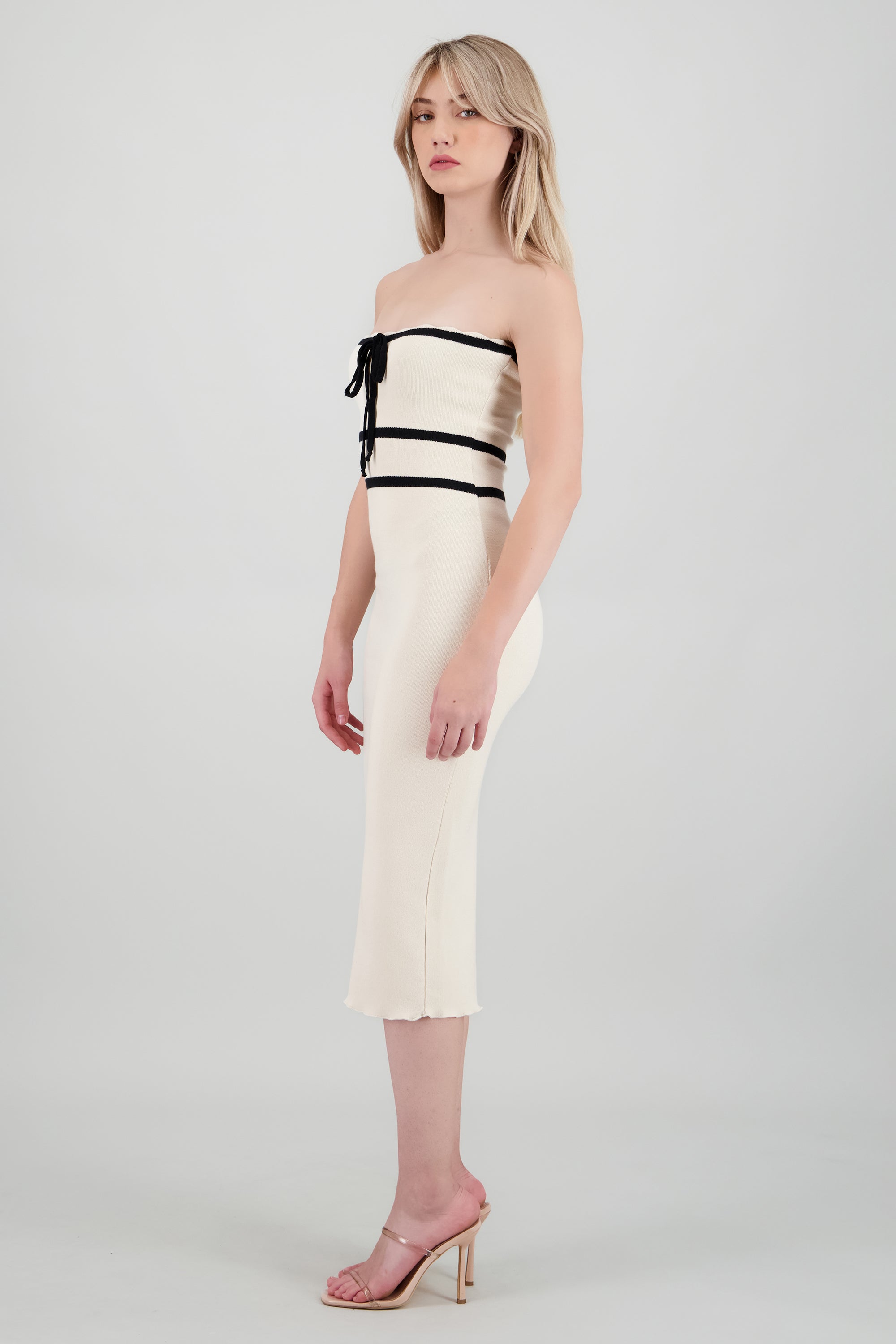 Vestido maxi contraste cintura HUESO