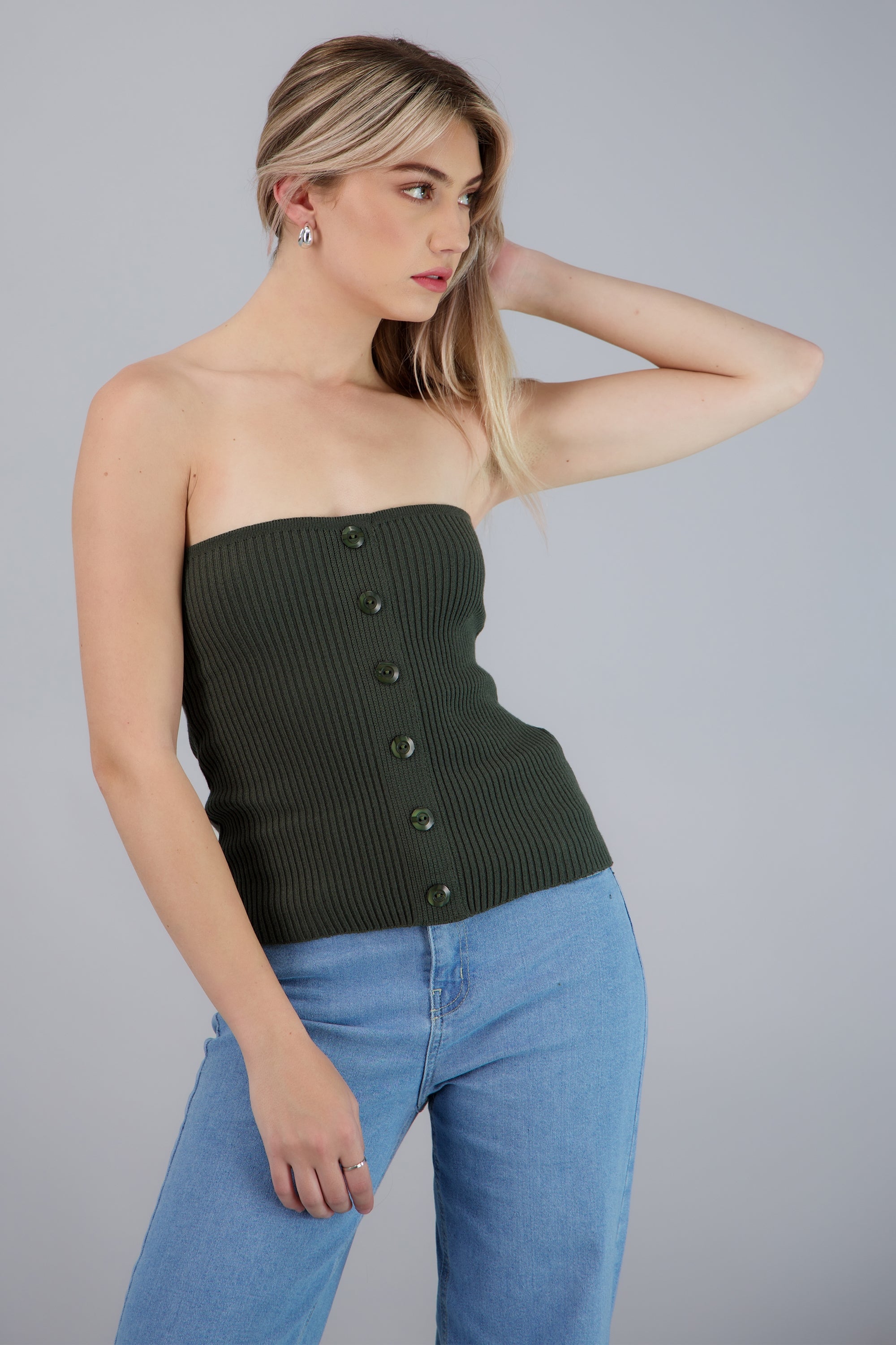 Top strapless detalle botones OLIVO
