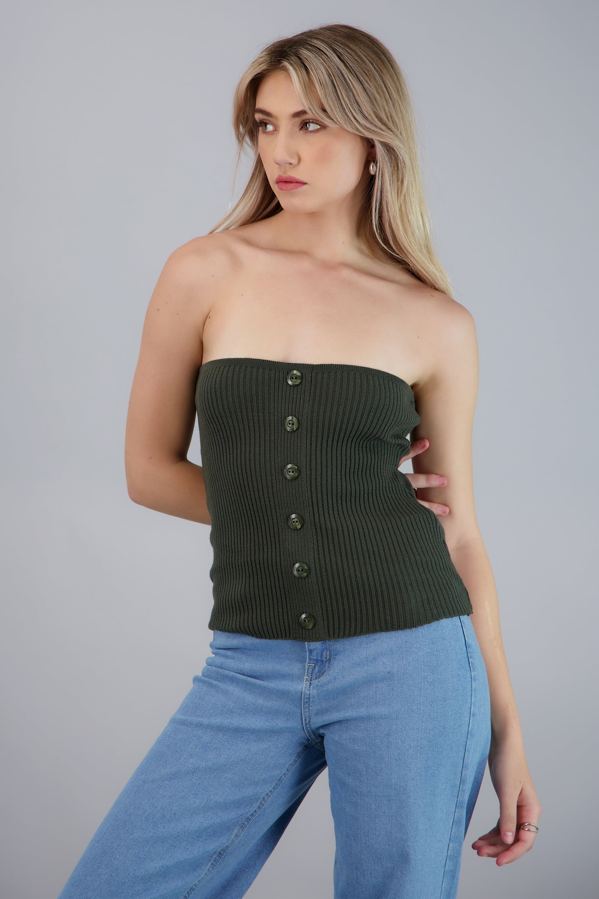 Top strapless detalle botones OLIVO