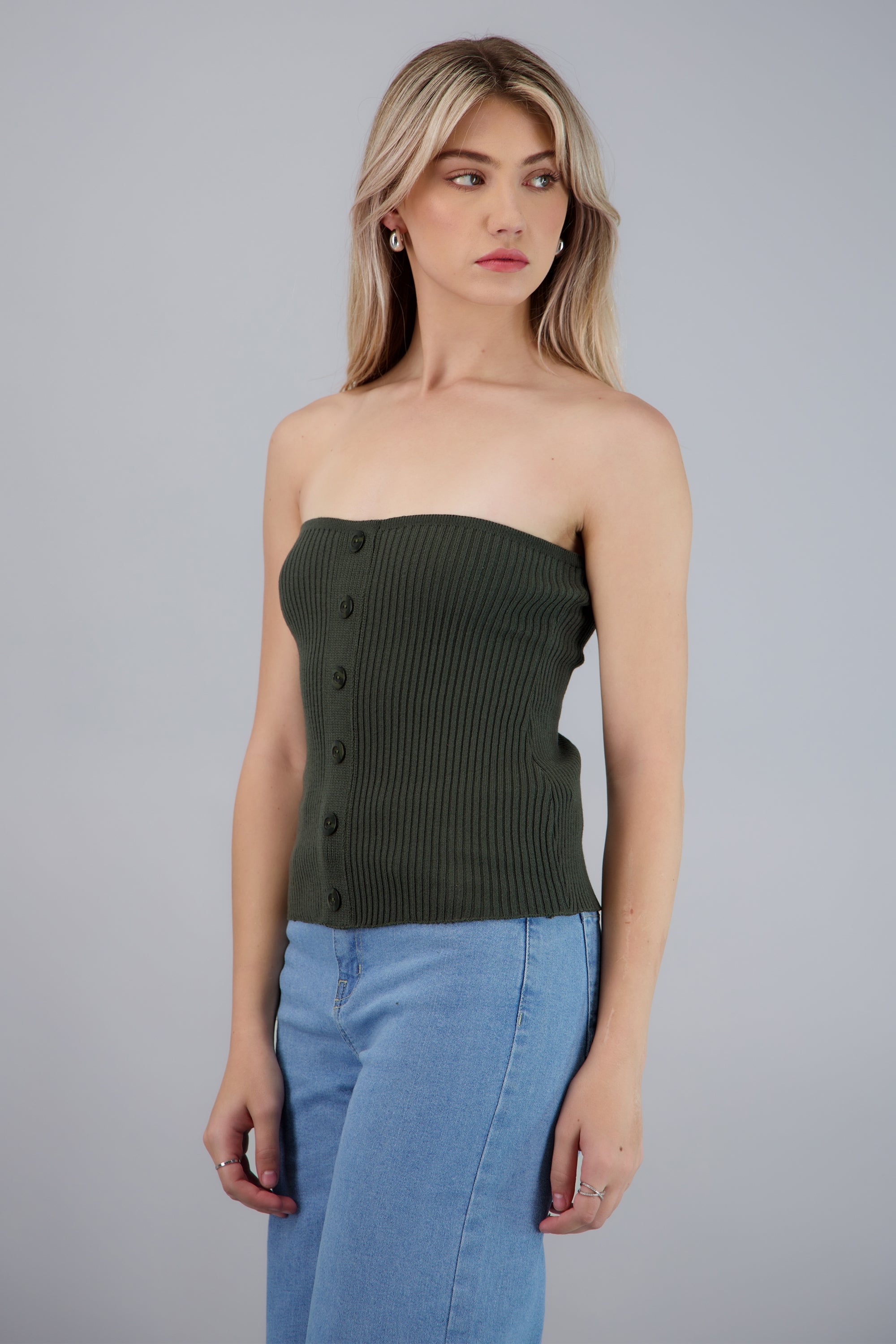 Top strapless detalle botones OLIVO